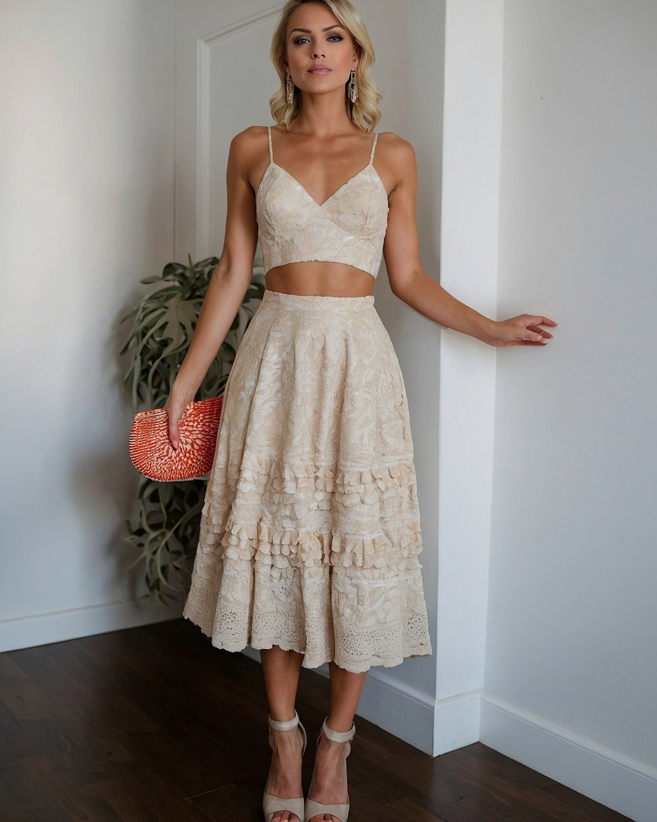 Cream Lace Crop Top and Tiered Midi Skirt