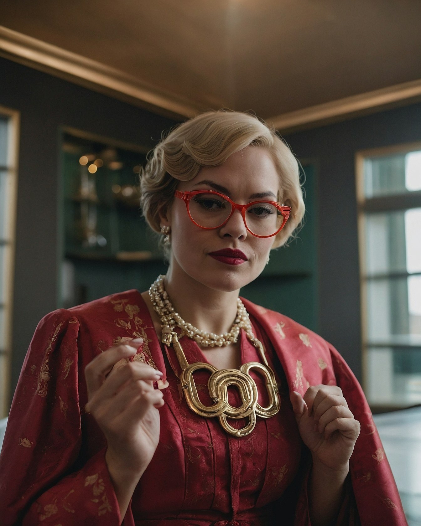 Dramatic Glasses Frame a Bold Berry Red Ensemble
