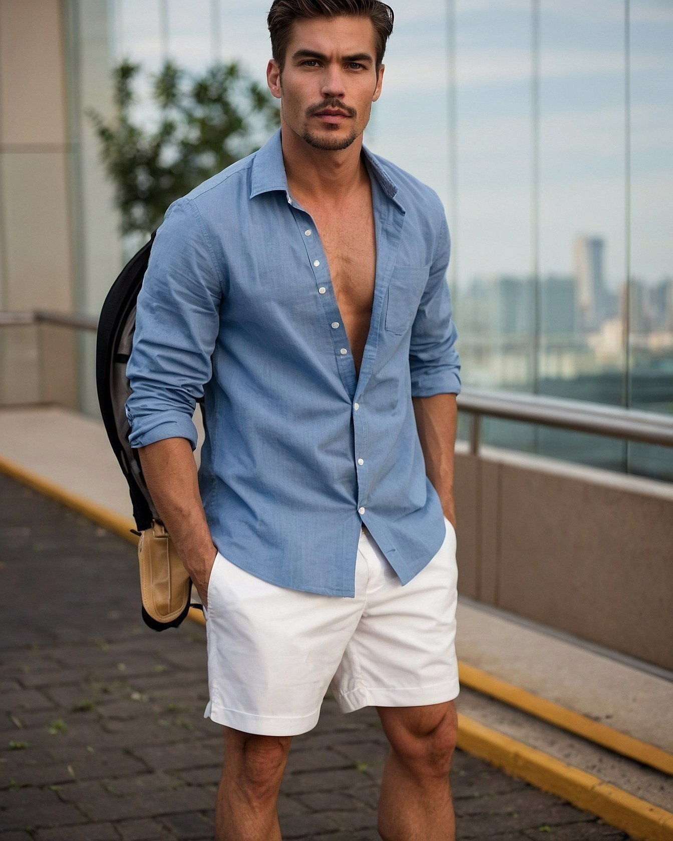 Open Blue Shirt Meets Tailored White Shorts