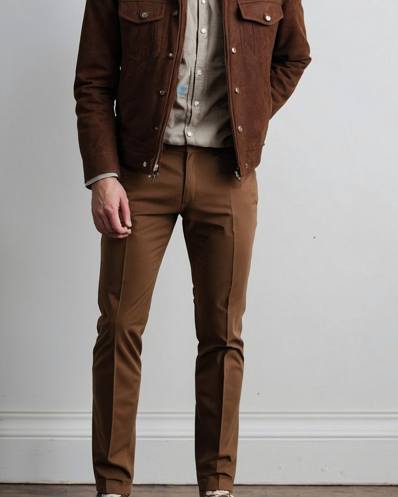 Brown Suede Jacket Contrasts with Textured Button-Down