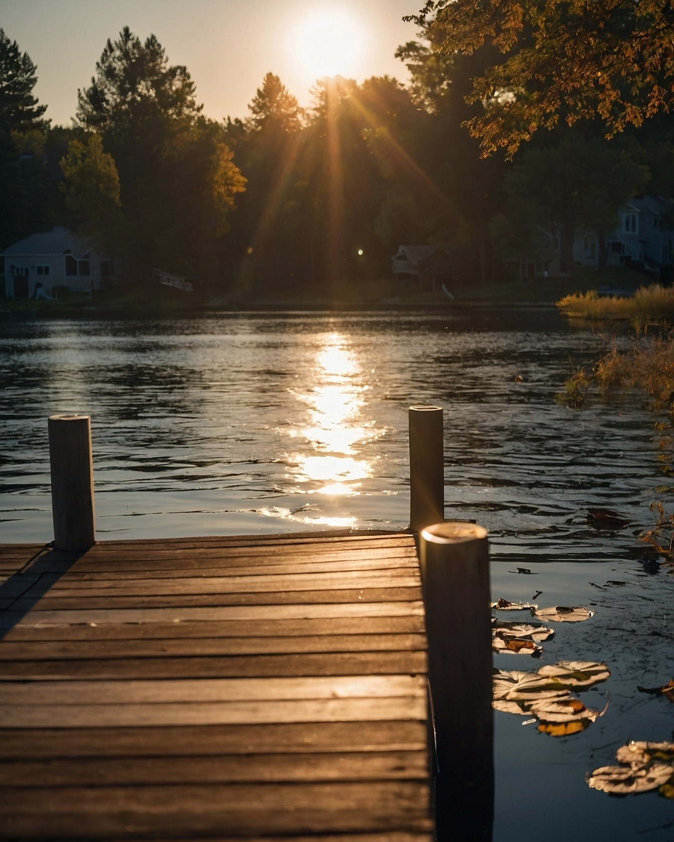 Sun-Drenched Dock Overlooking a Tranquil Lake