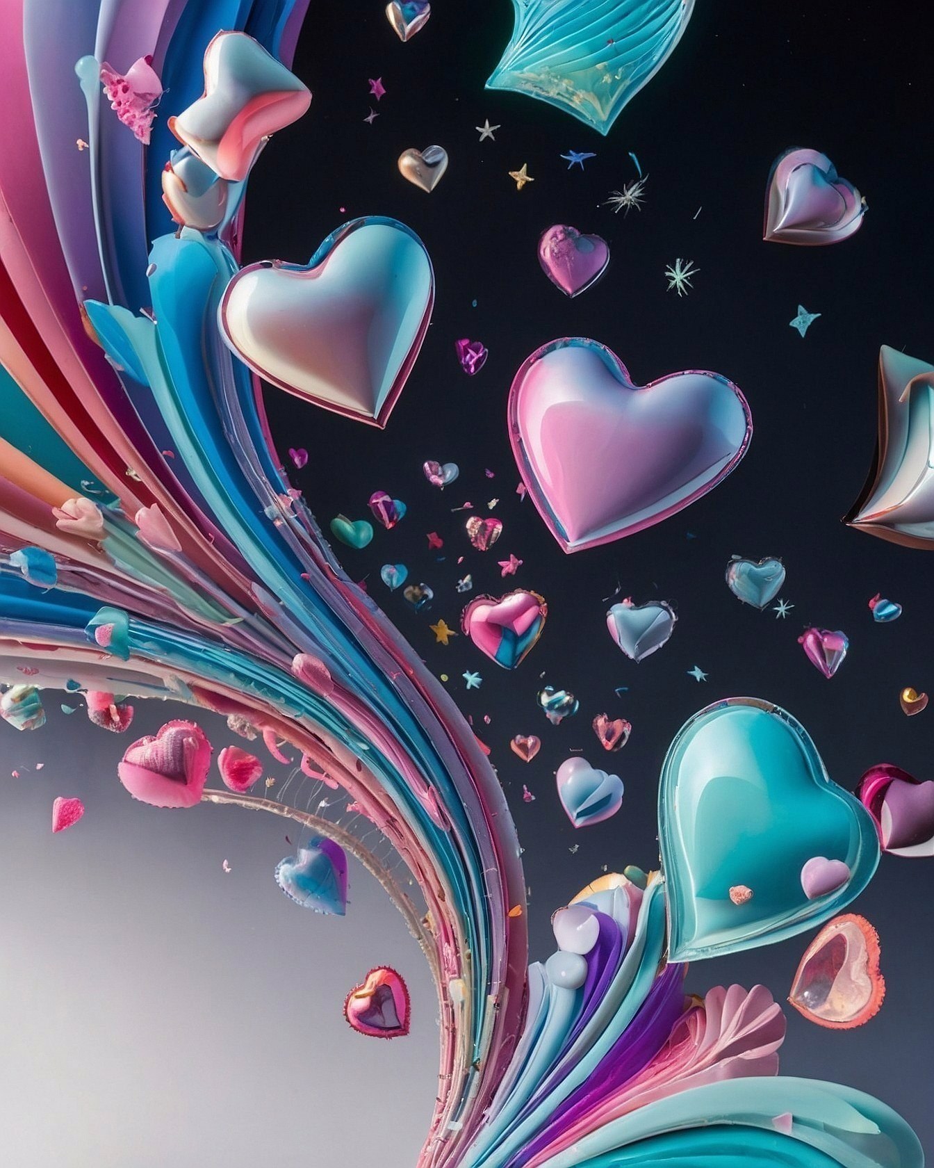 Whimsical Stream of Hearts Against Deep Space
