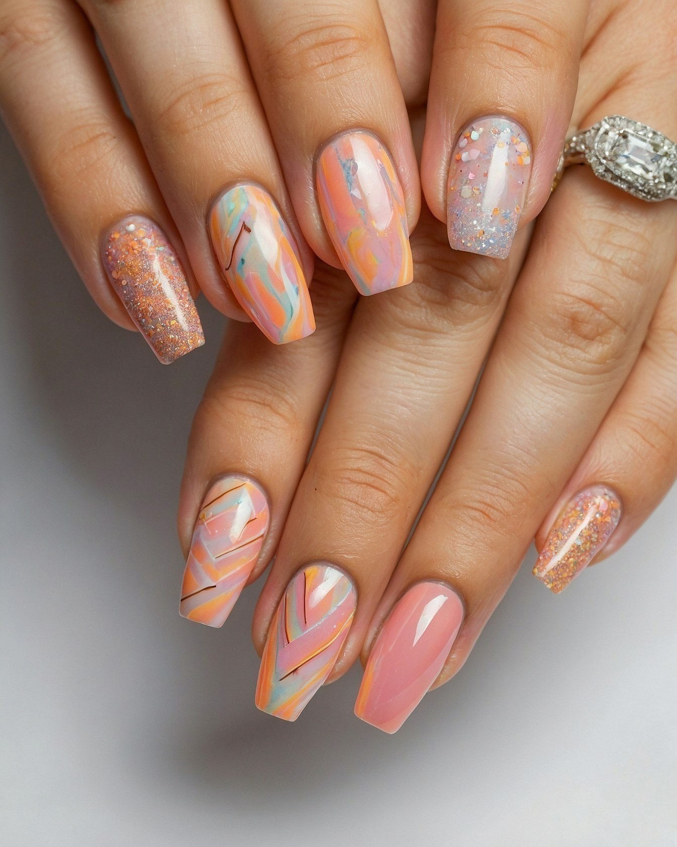 Orange and peach marble with subtle geometric accents