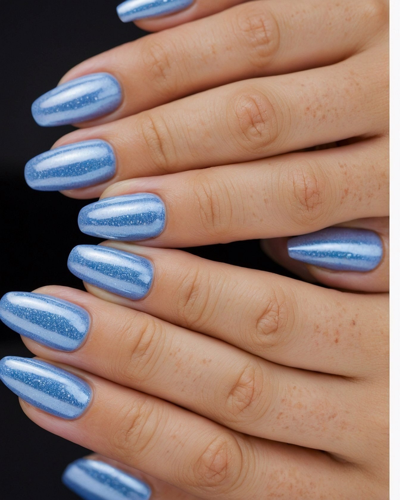 Close-Up of Striped Blue Metallic Nails