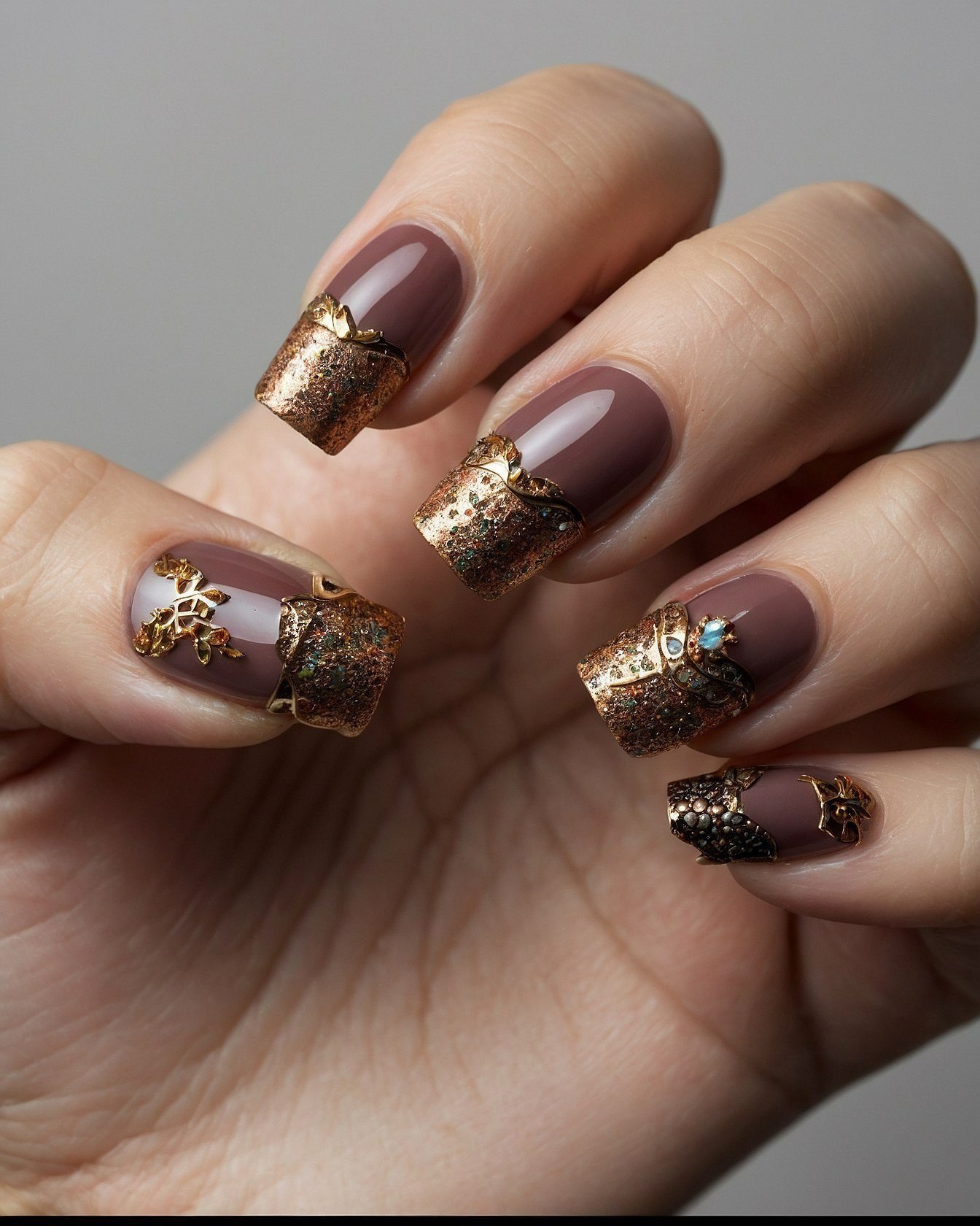 Metallic Gold Accents on Muted Mauve Square Nails