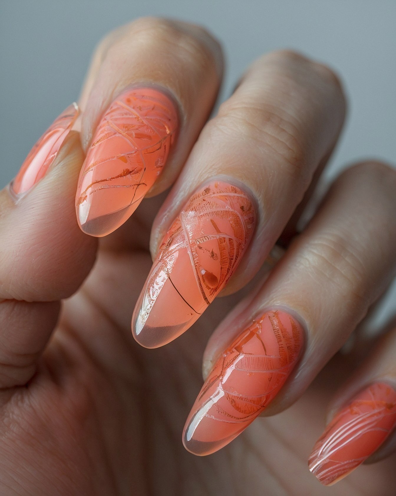 Orange Jelly Nails With Intricate Copper Etchings