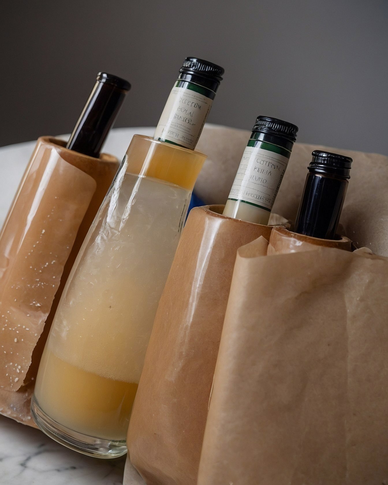 Bottles in Paper Bags and Glass Holders