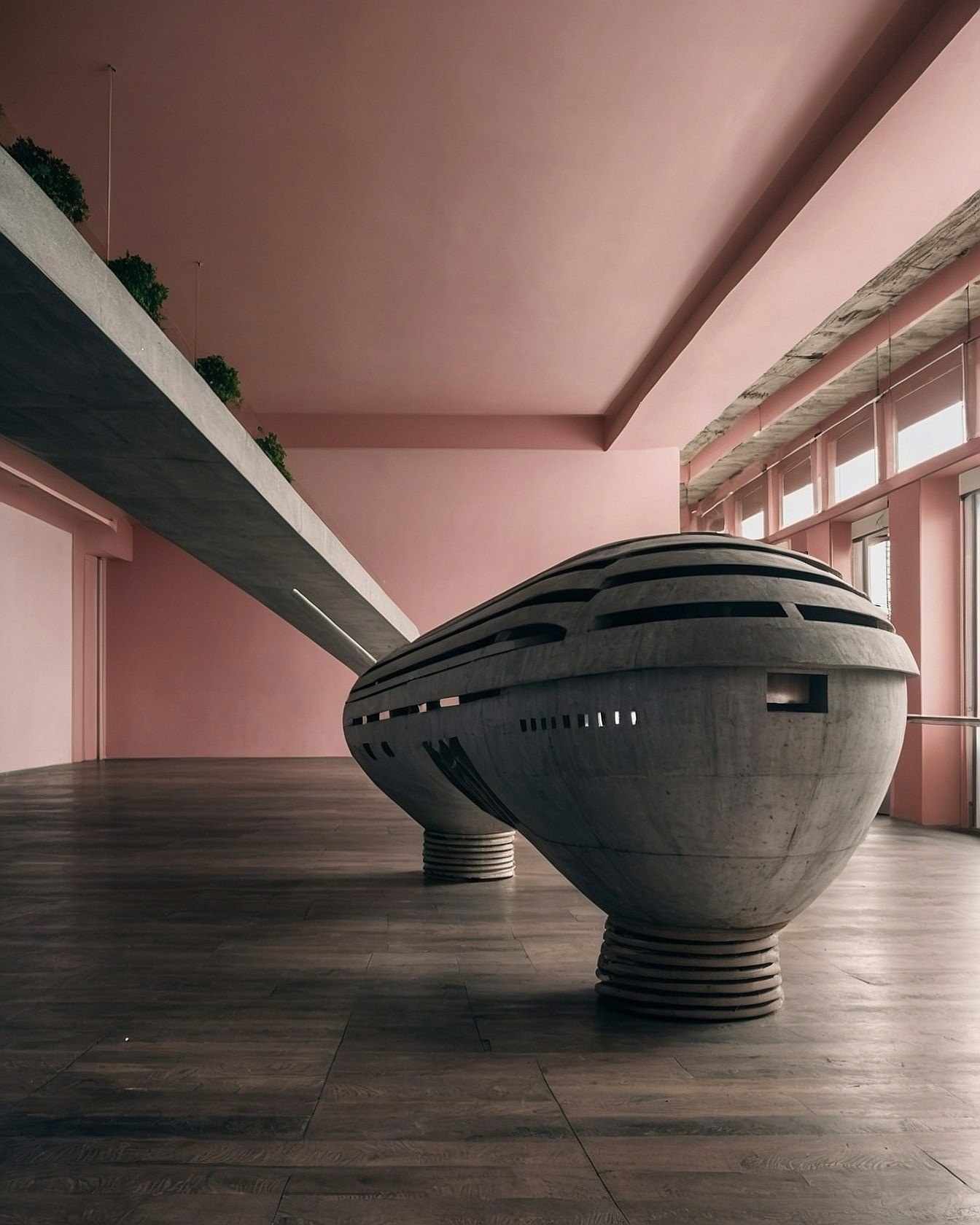 Curving concrete forms meet soft pink walls
