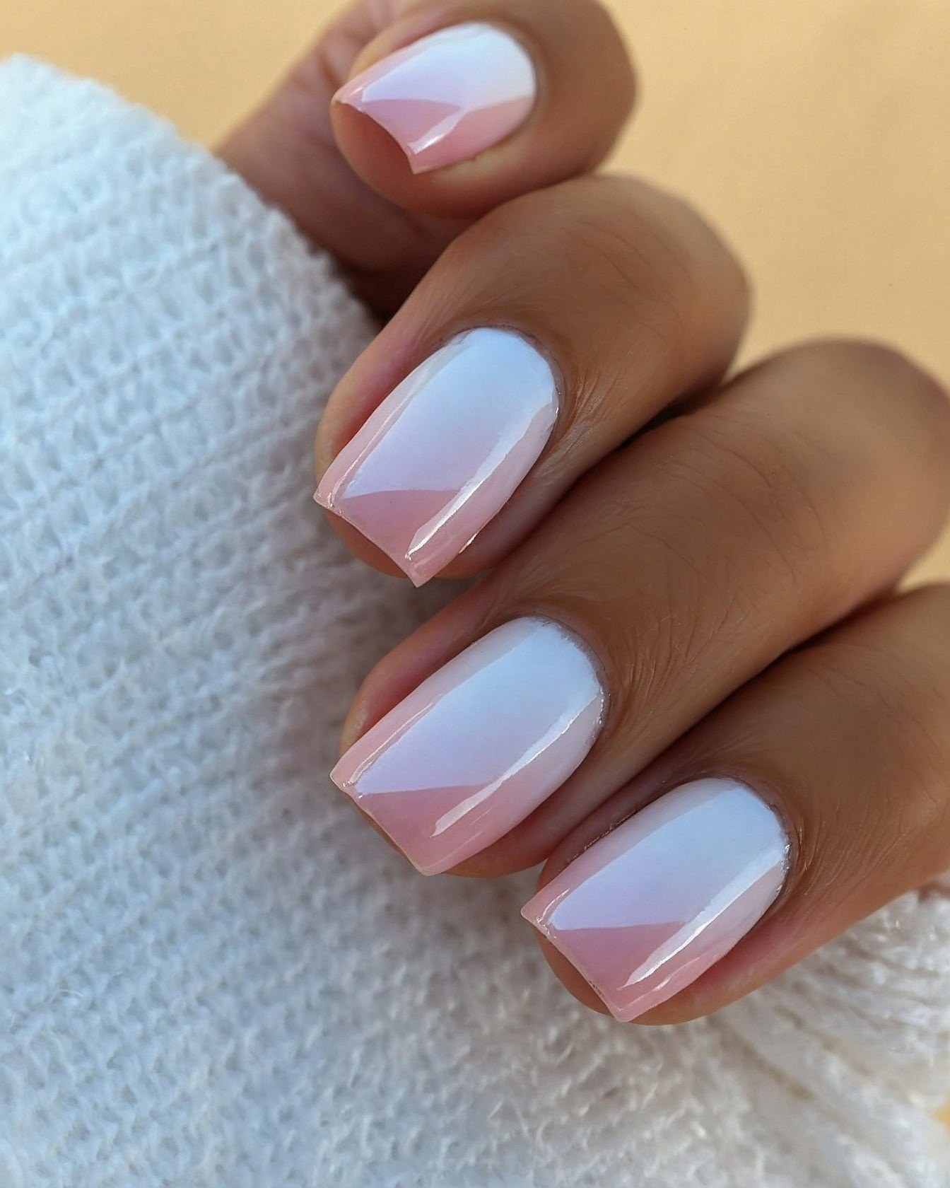 Gradient Pink and White Square Nails with Cozy Texture
