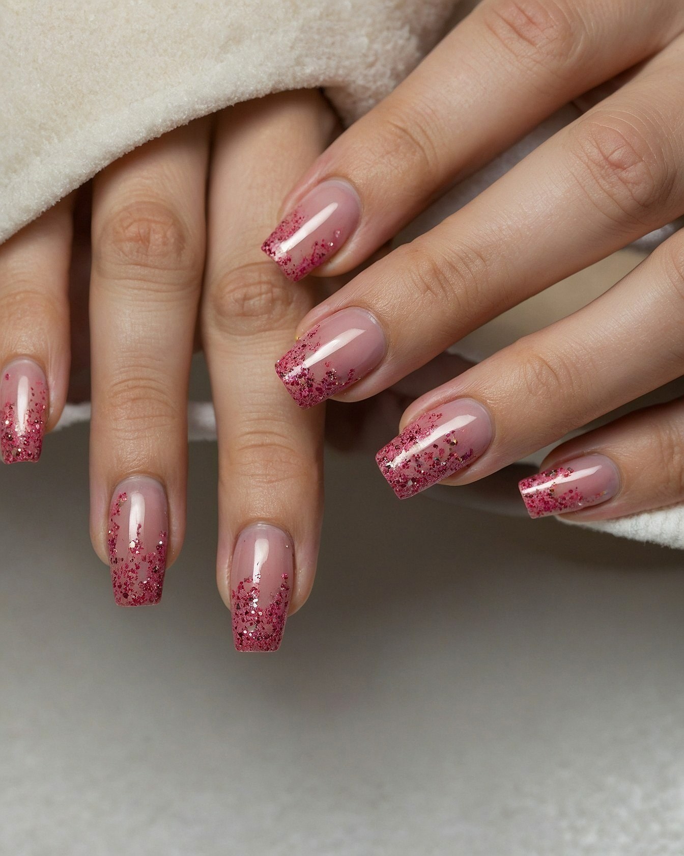 Polished Nude Base with Bold Pink Glitter Tips