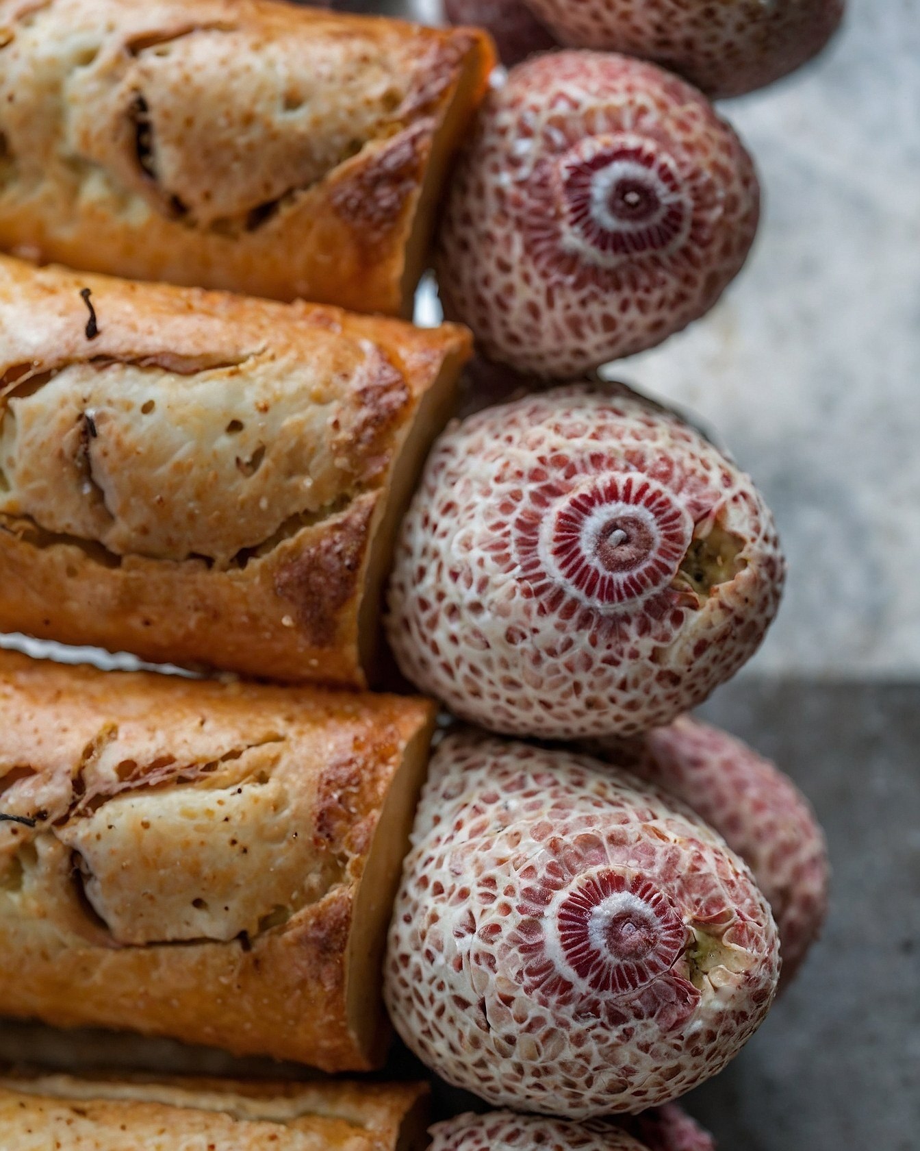 Contrasting Textures: Delicate Petals Against Rustic Crumb