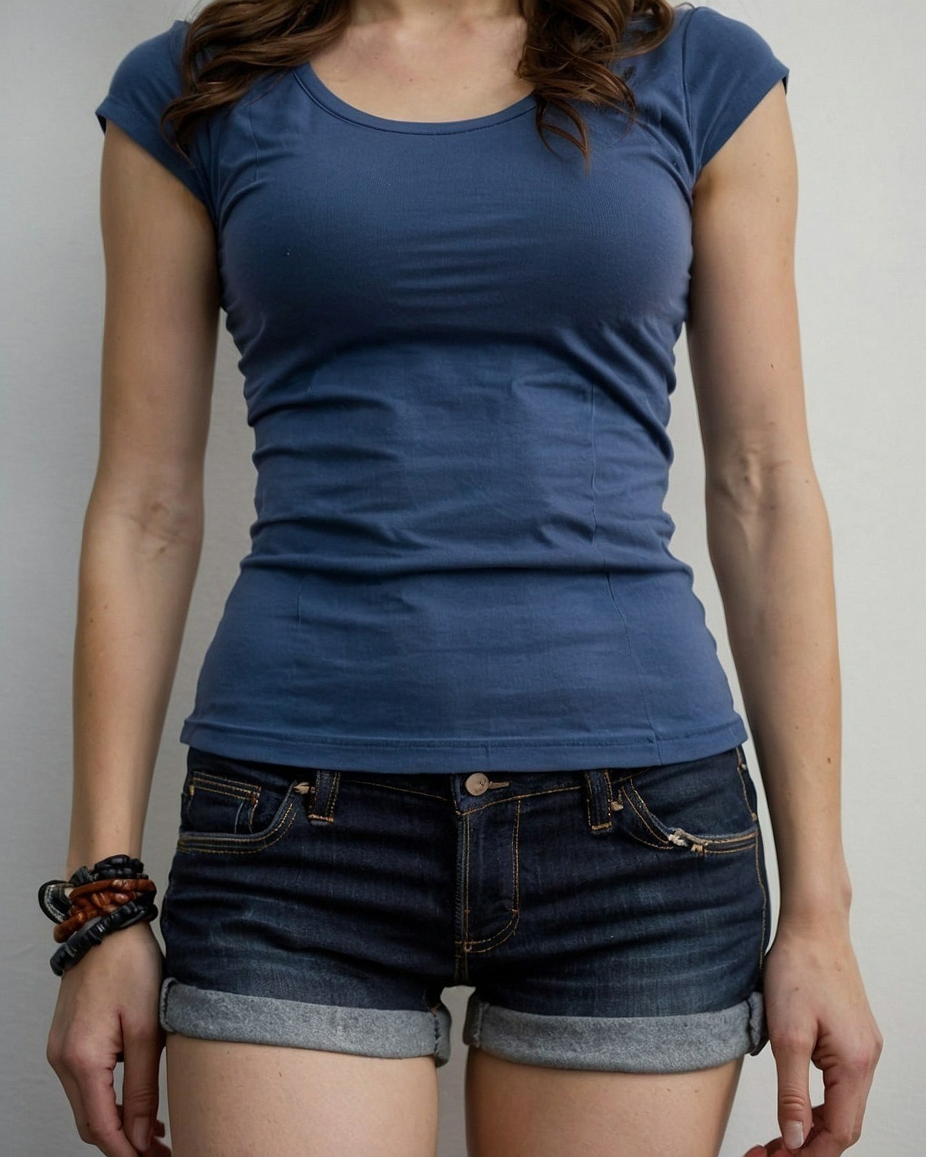 Soft Blue Tee Meets Dark Denim Cutoffs