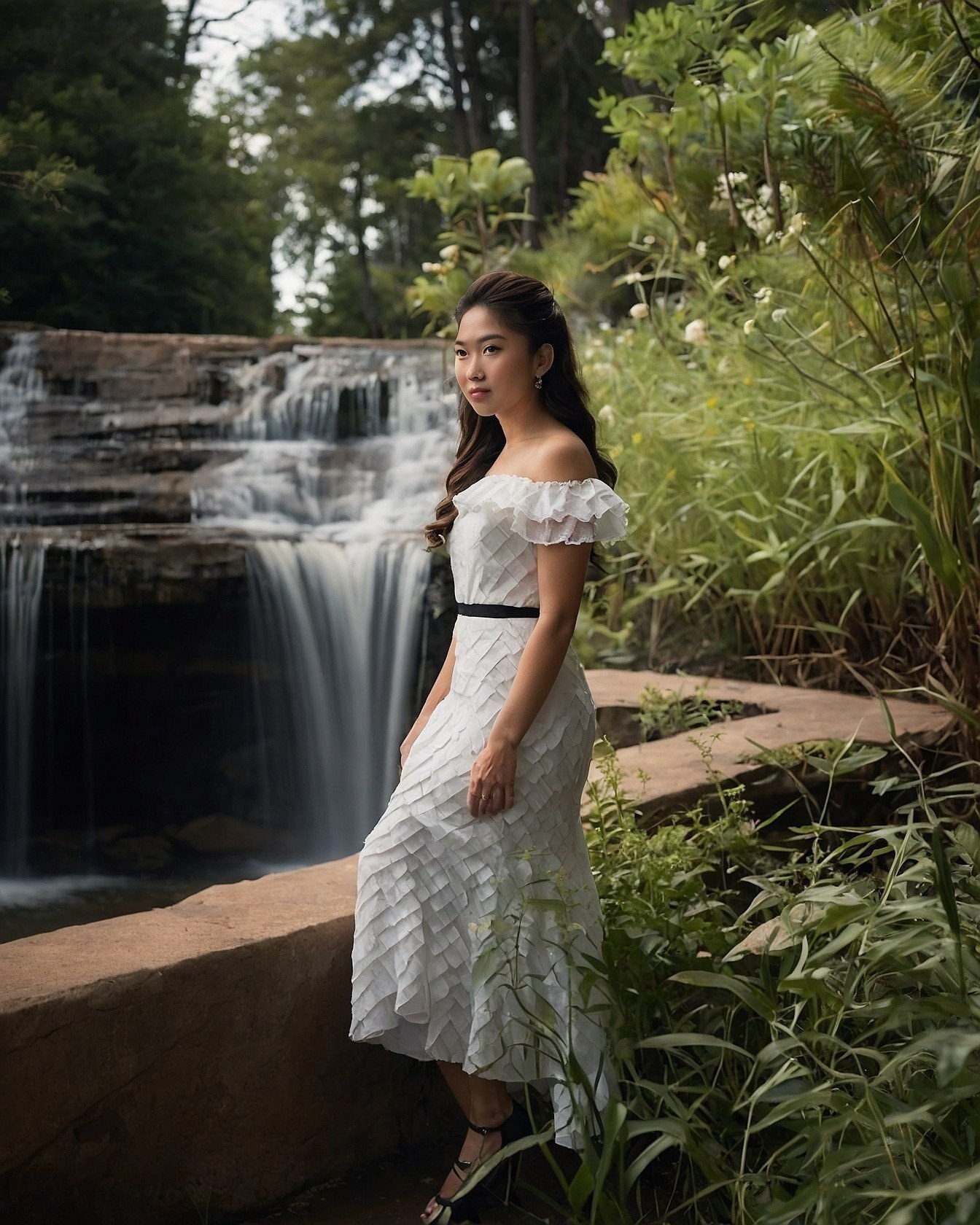 Waterfall Backdrop for Sculpted White Off-Shoulder Dress
