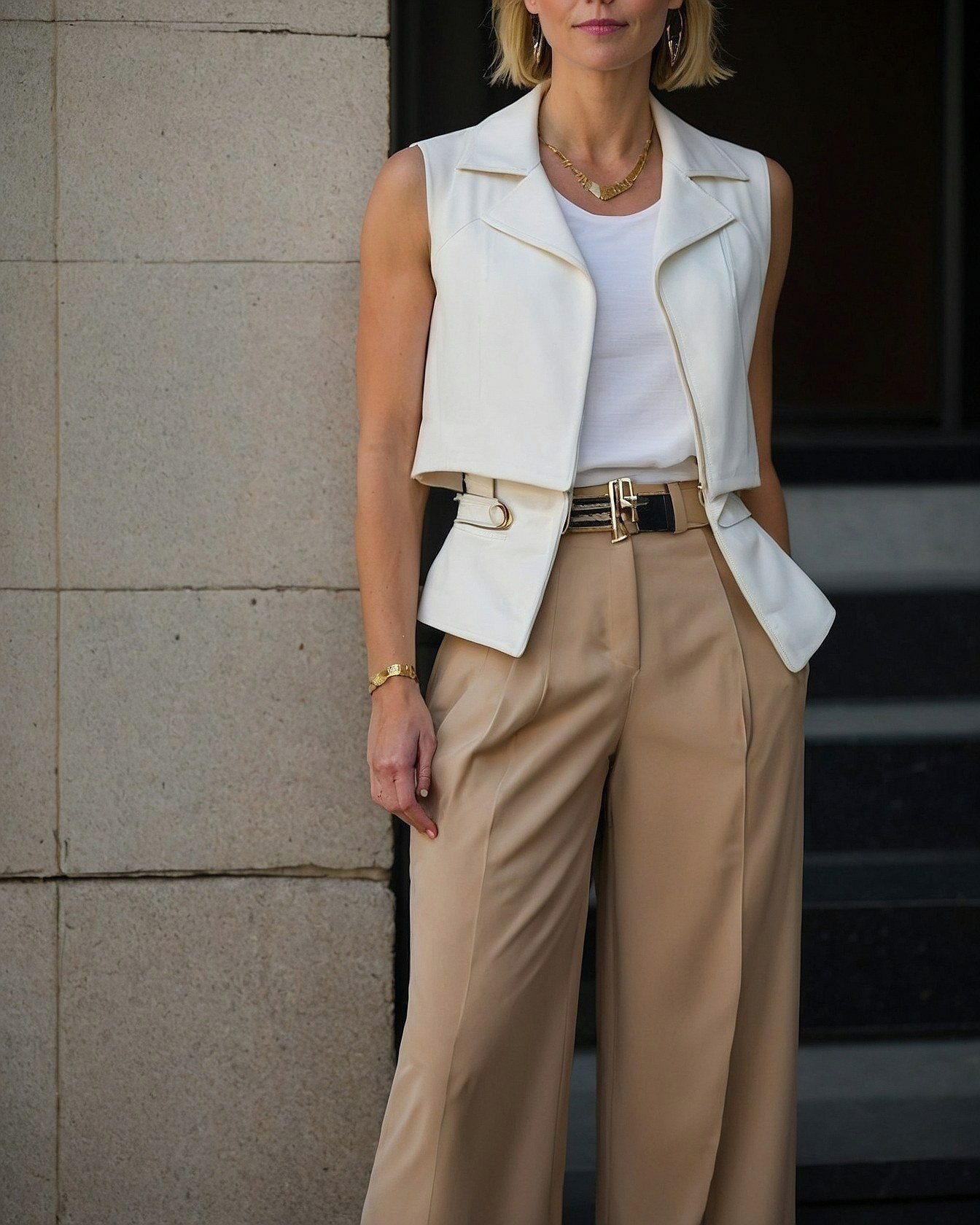 Sharp Vest Meets Flowy Trousers: A Polished Contrast