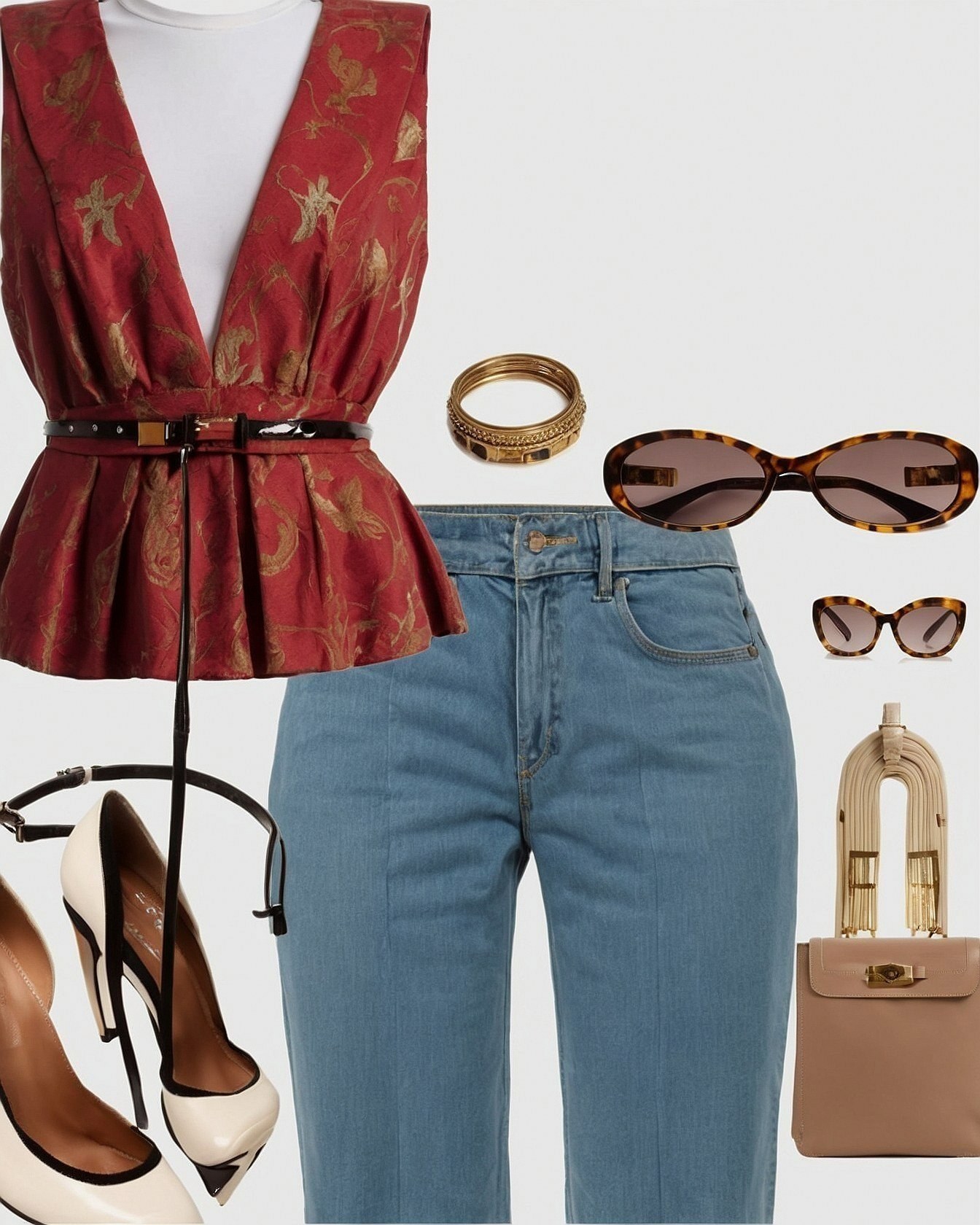 Structured Jacquard Peplum Top Meets Relaxed Denim