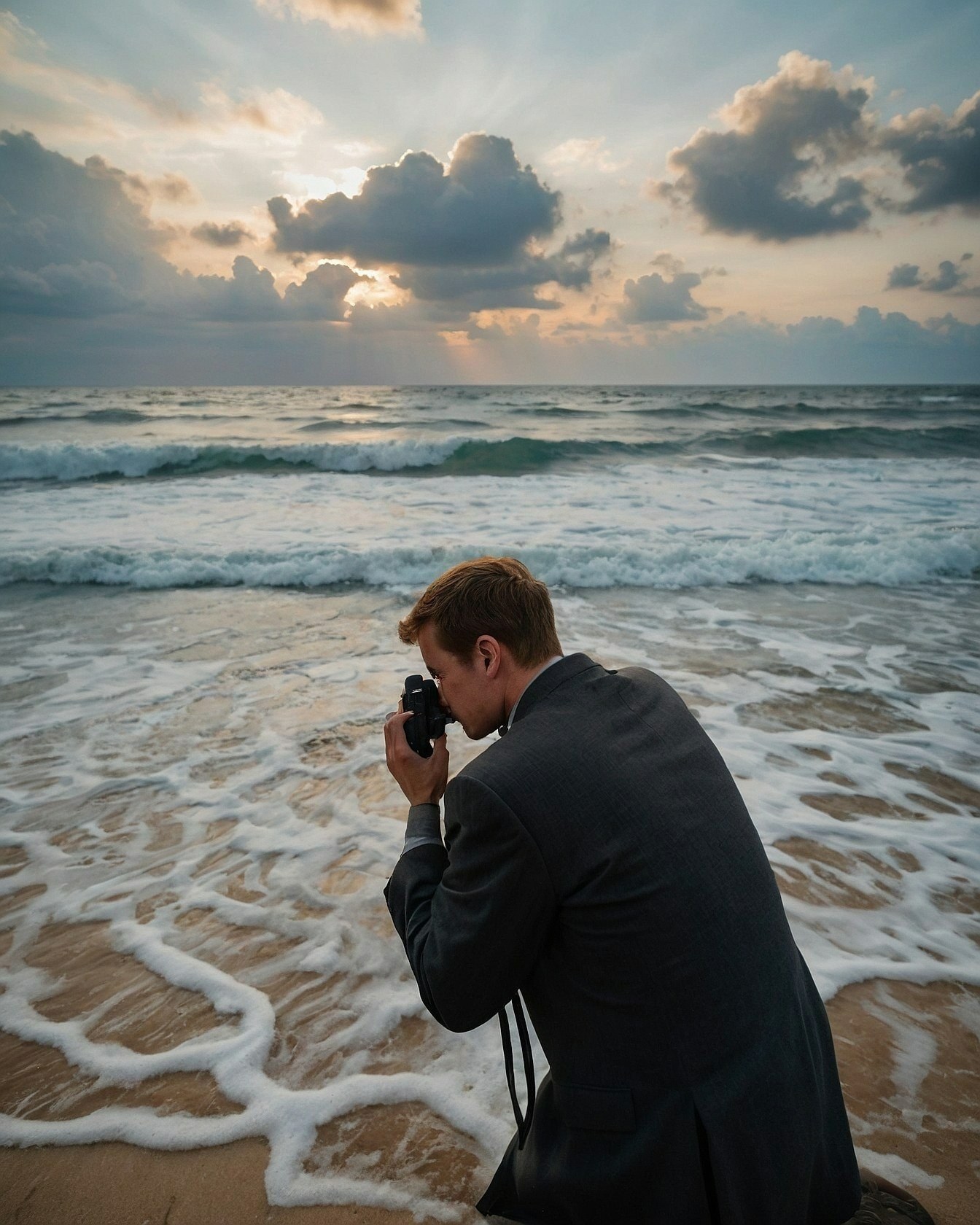 A formal suit meets crashing waves