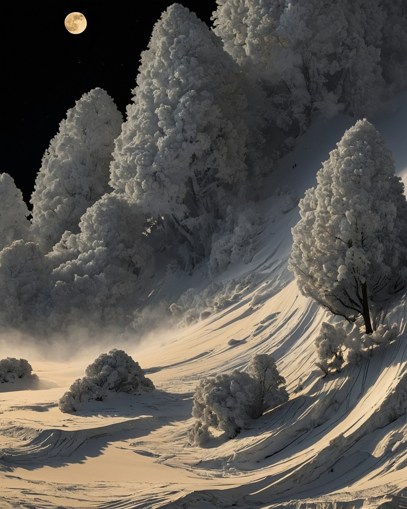 Moonlit Snowy Peaks Against the Dark Night
