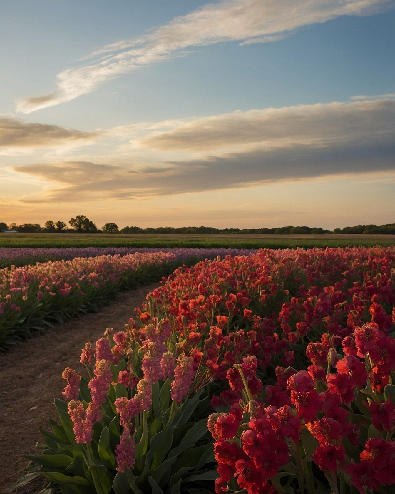 Rows of Crimson and Rose Tulips Under a Cloudy Sky