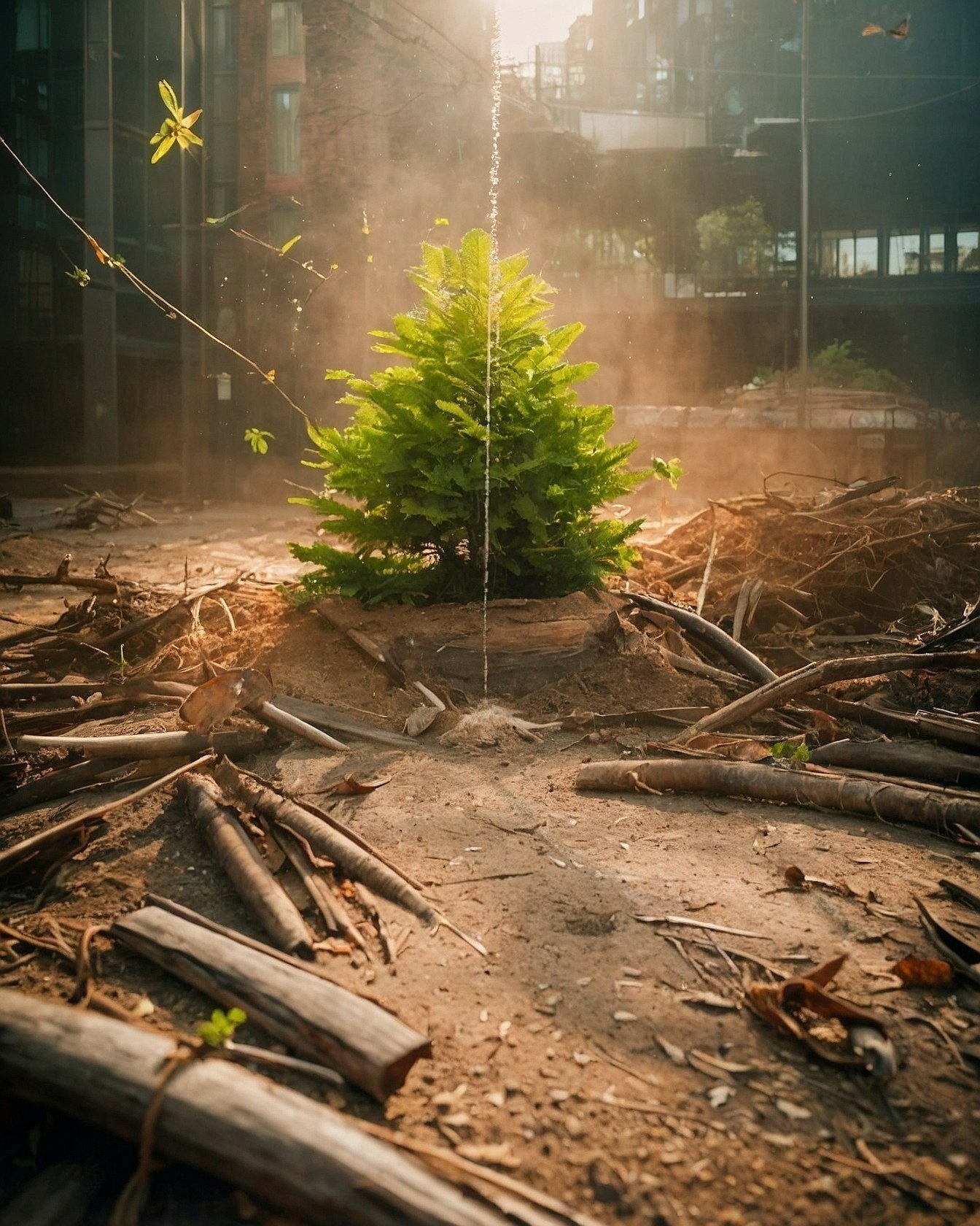Green Sapling Amidst Urban Debris