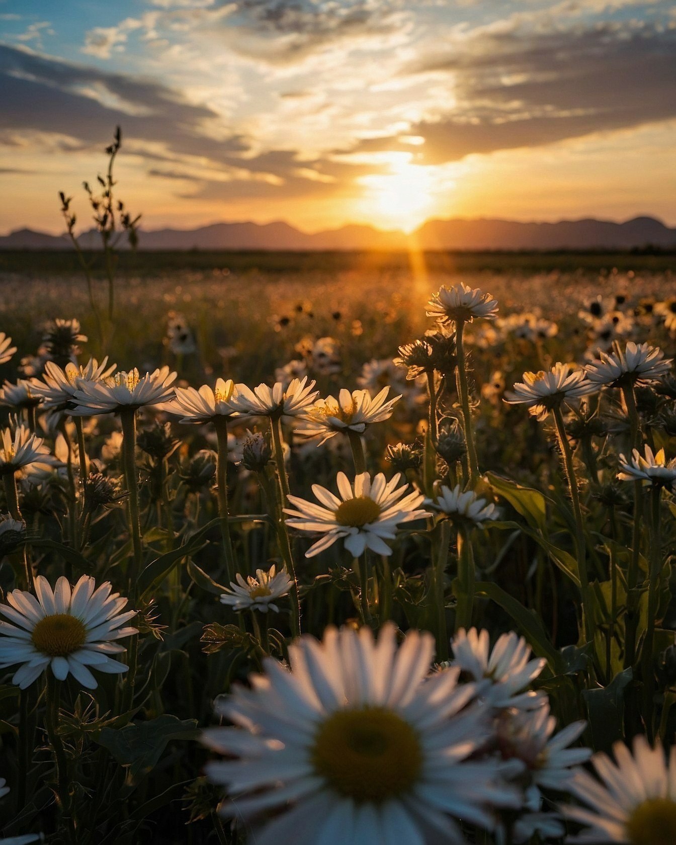 Daisies Silhouetted Against a Fiery Sunset
