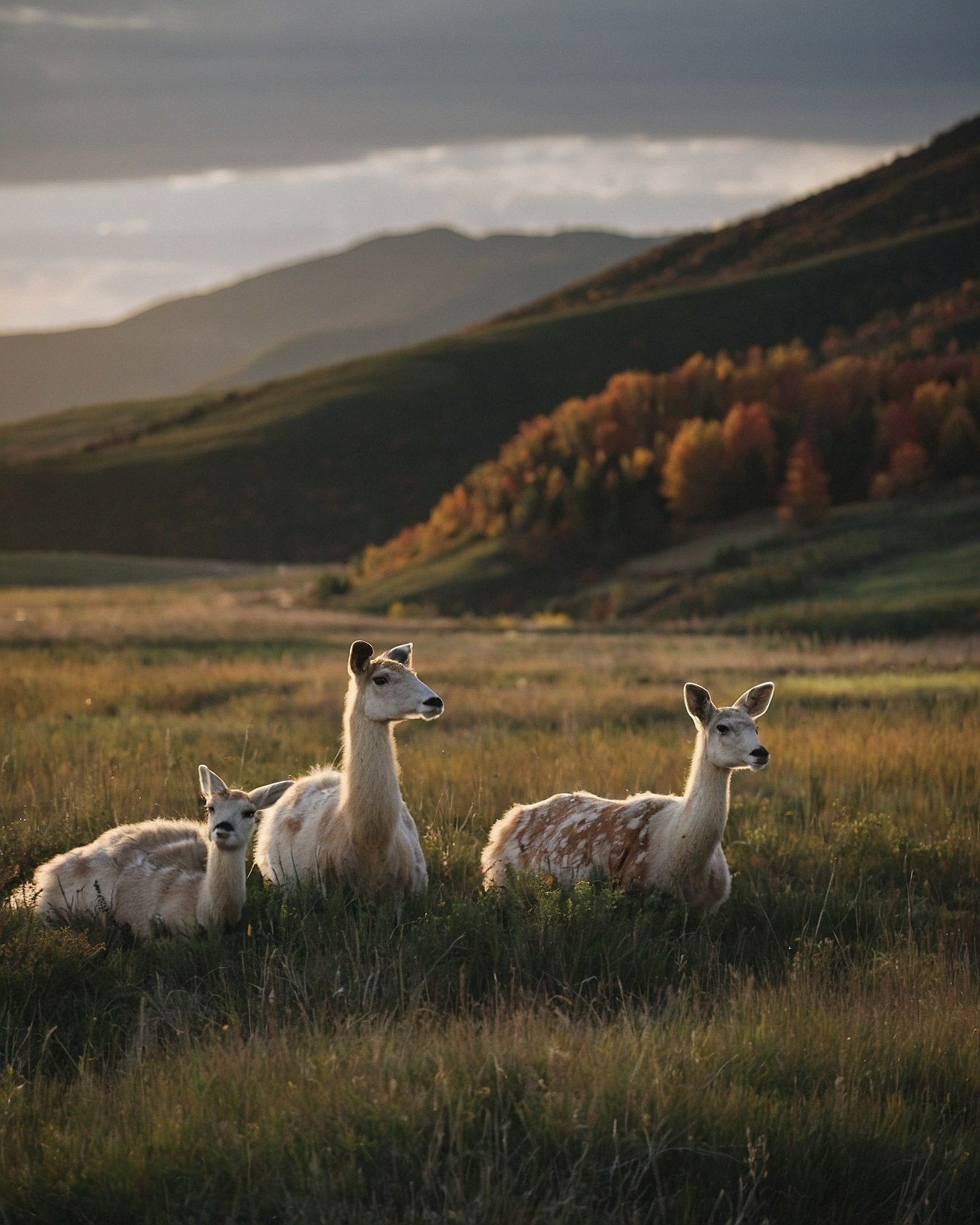 Three Guanacos Resting in a Golden Meadow