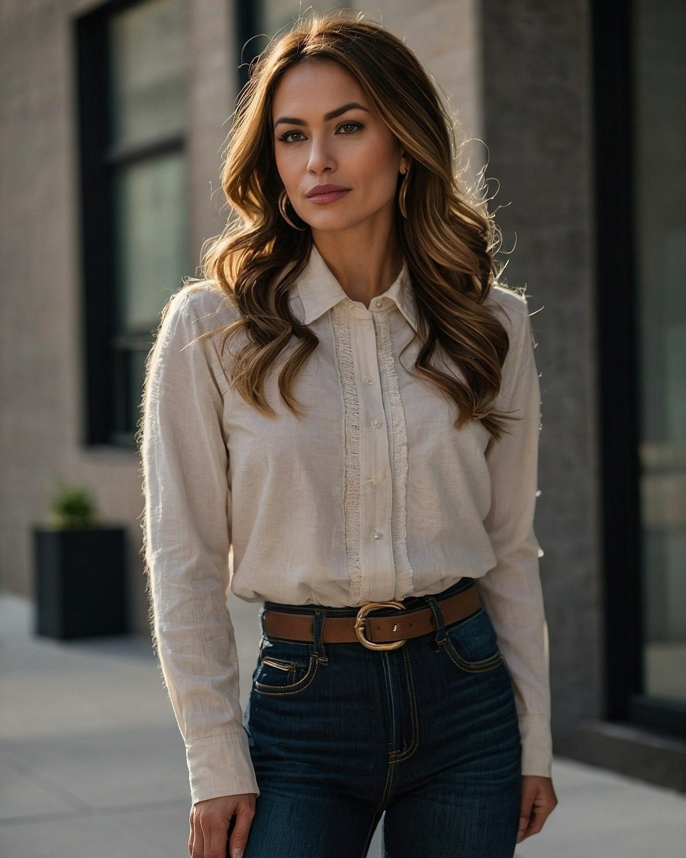 Textured Cream Shirt and Dark Wash Denim