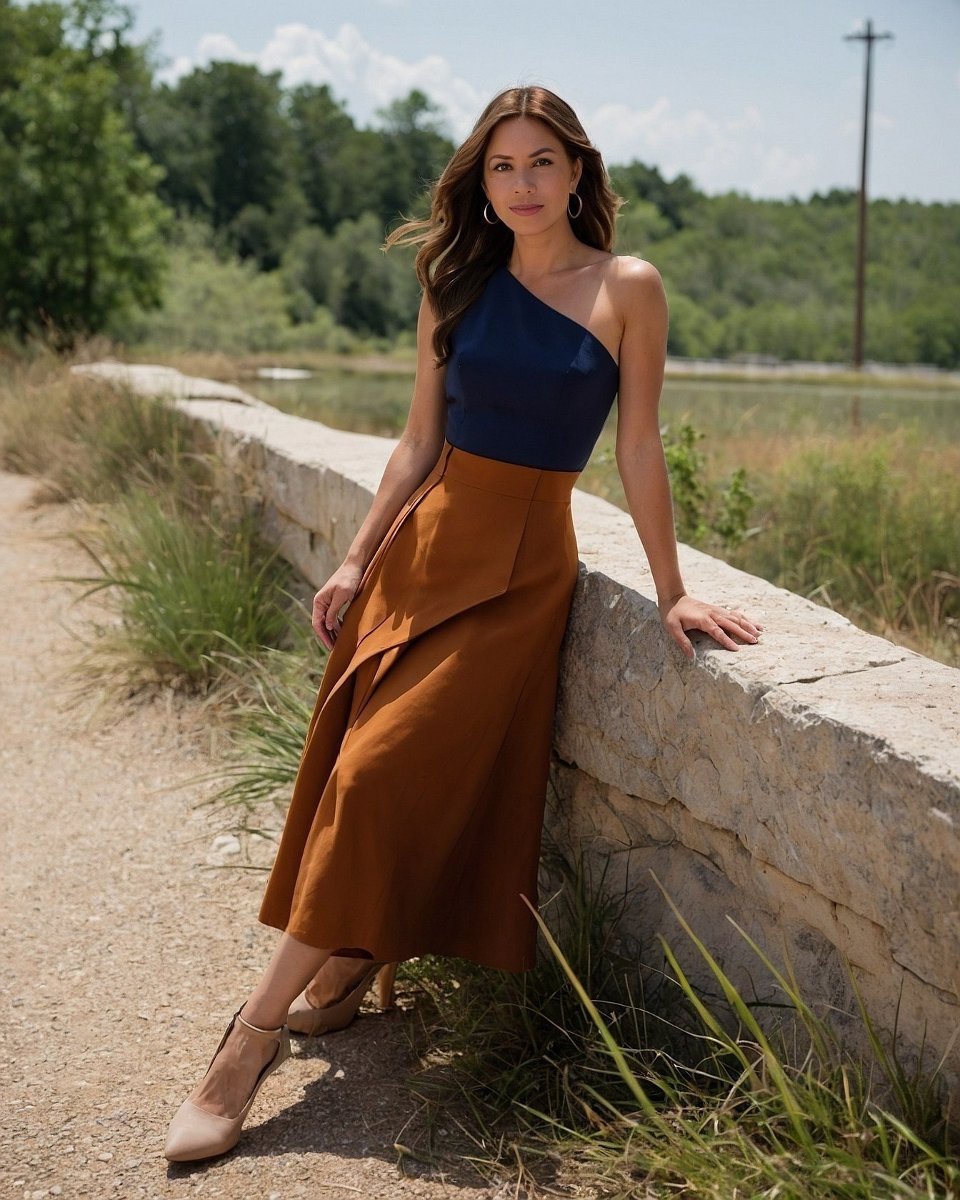 Navy One-Shoulder Top Meets Asymmetrical Skirt