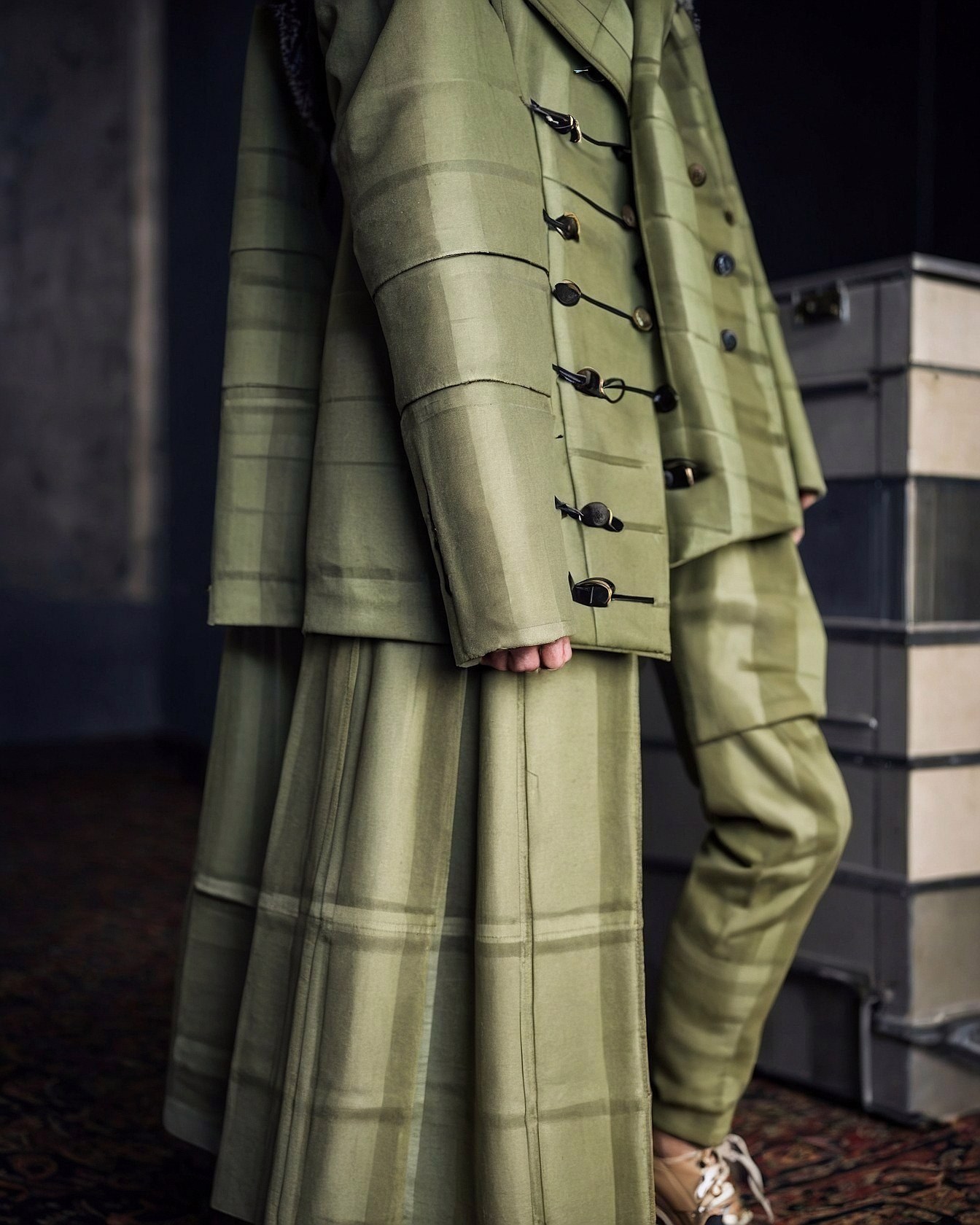 Structured Jacket Meets Flowing Plaid Skirt