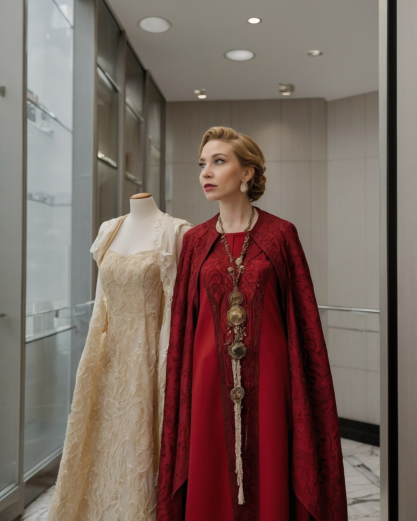 Bold Red Cape Over Neutral Lace Dress