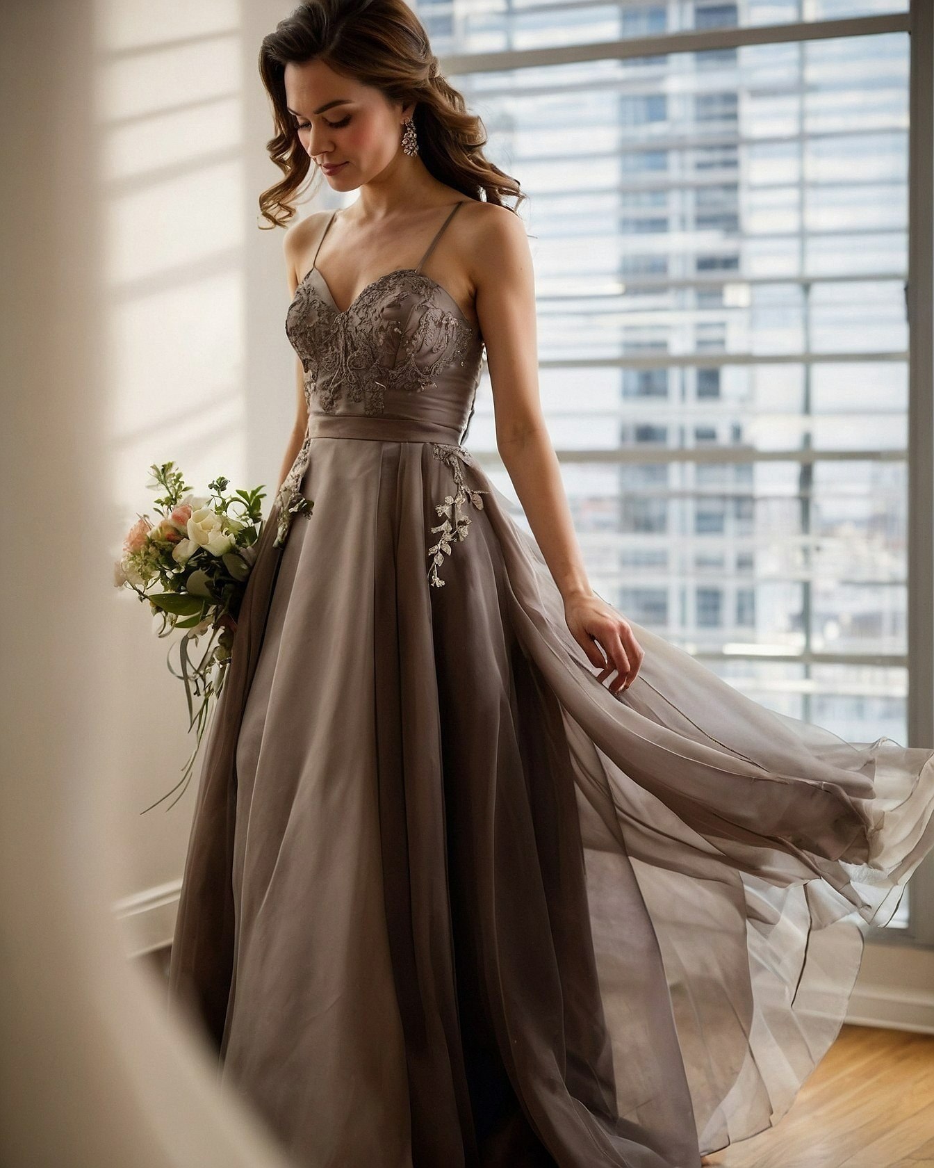 Sweetheart Bodice Meets Flowing Taupe Skirt