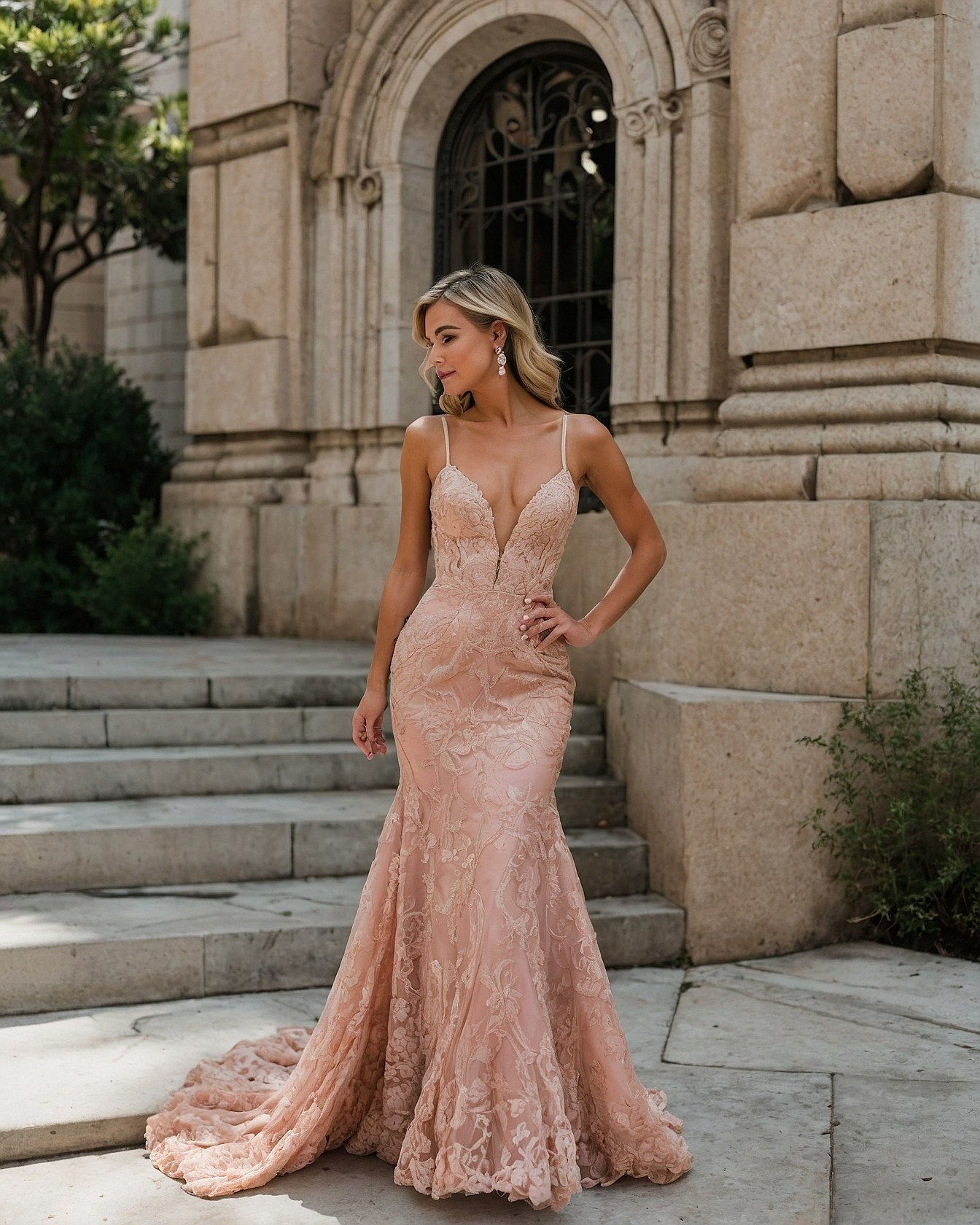 Soft Lace Gown Against Stark Architecture