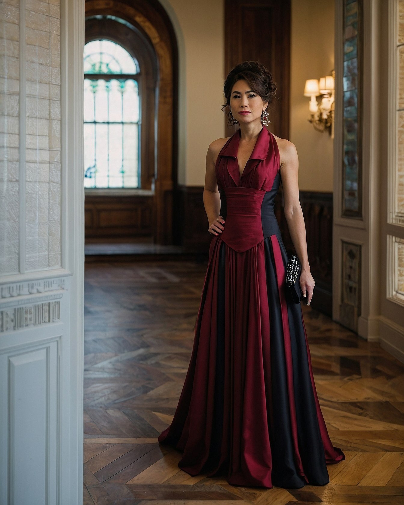 Structured Bodice Meets Flowing Skirt in Deep Wine