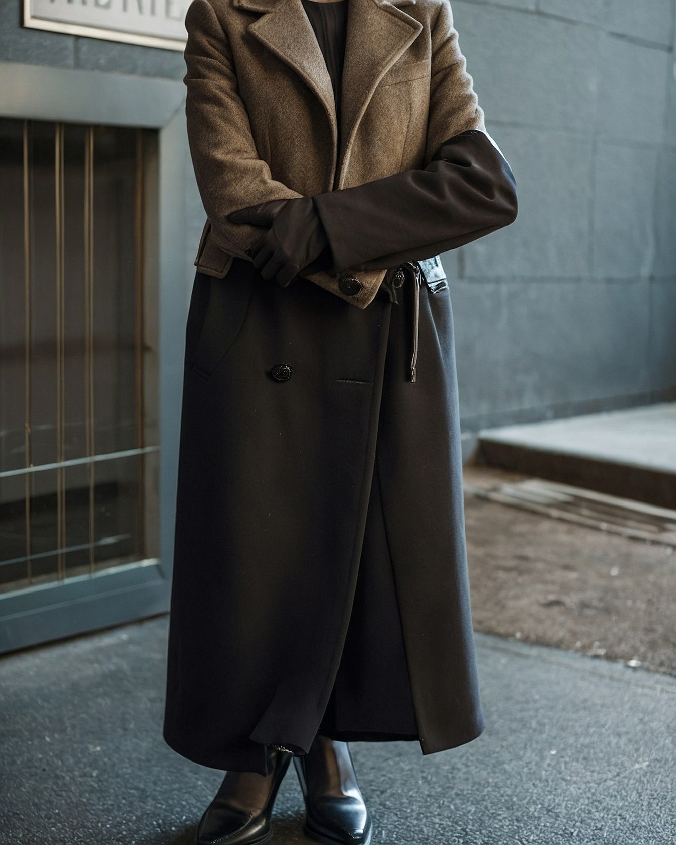 Contrasting Textures: Tailored Jacket Meets Flowing Skirt
