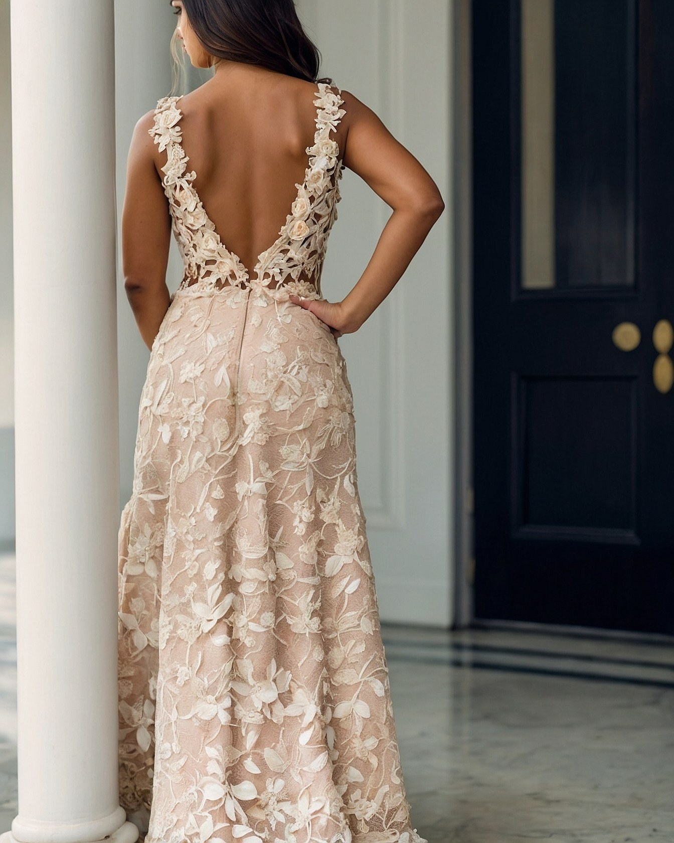 Intricate Lace Overlay Meets Dramatic Open Back