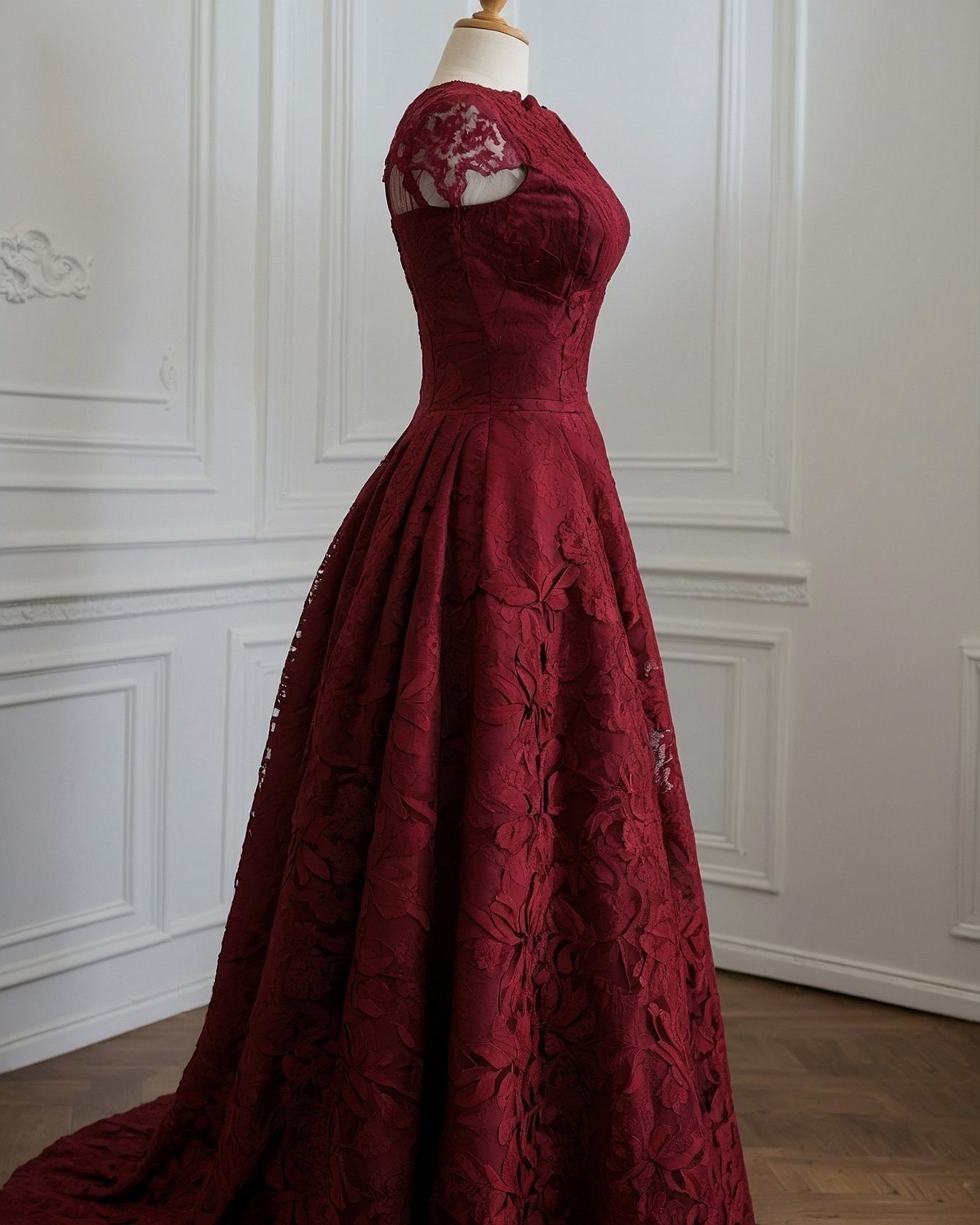 Rich Crimson Jacquard Dress with Delicate Lace Accents