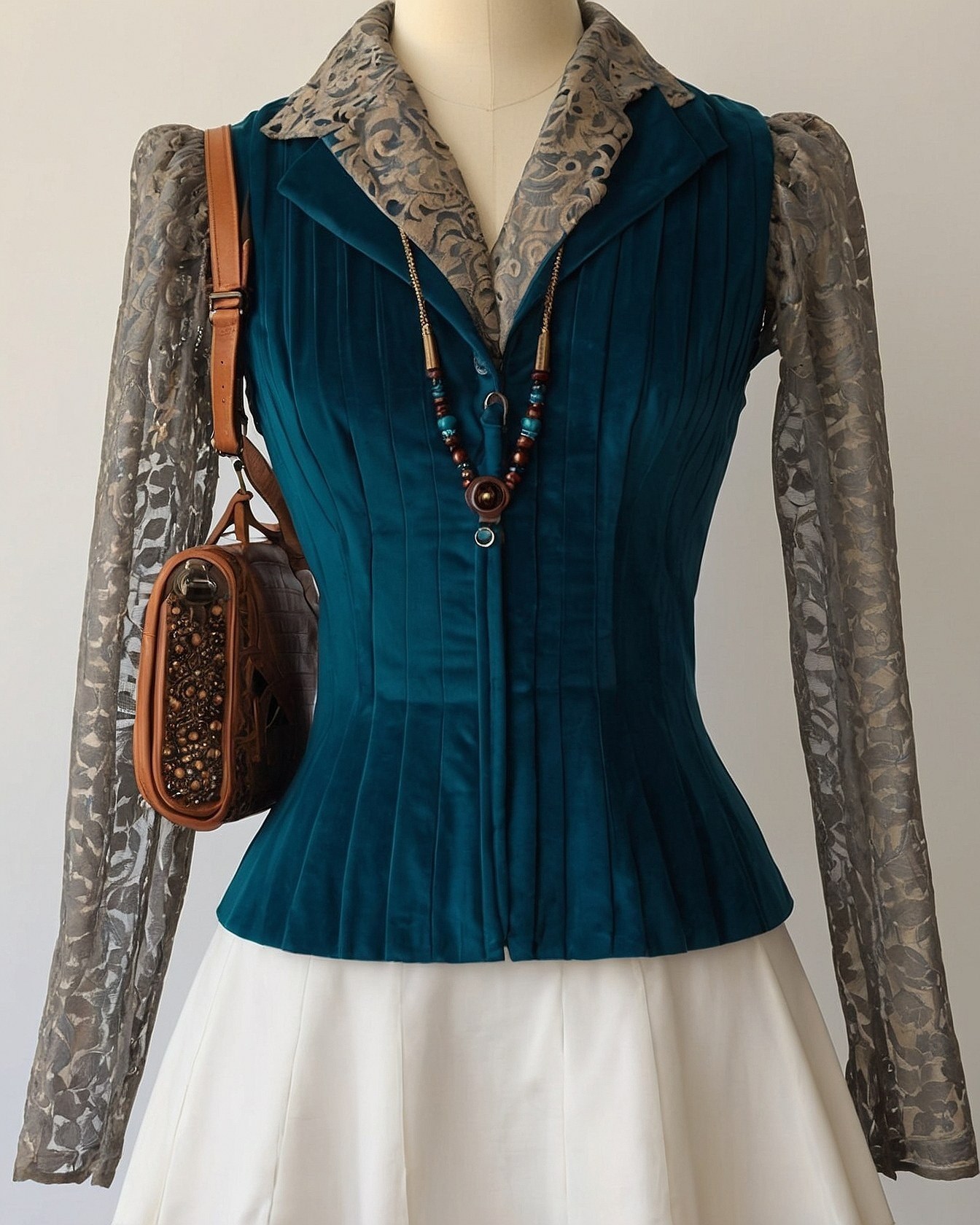 Teal Velvet Corset Vest with Grey Lace Sleeves