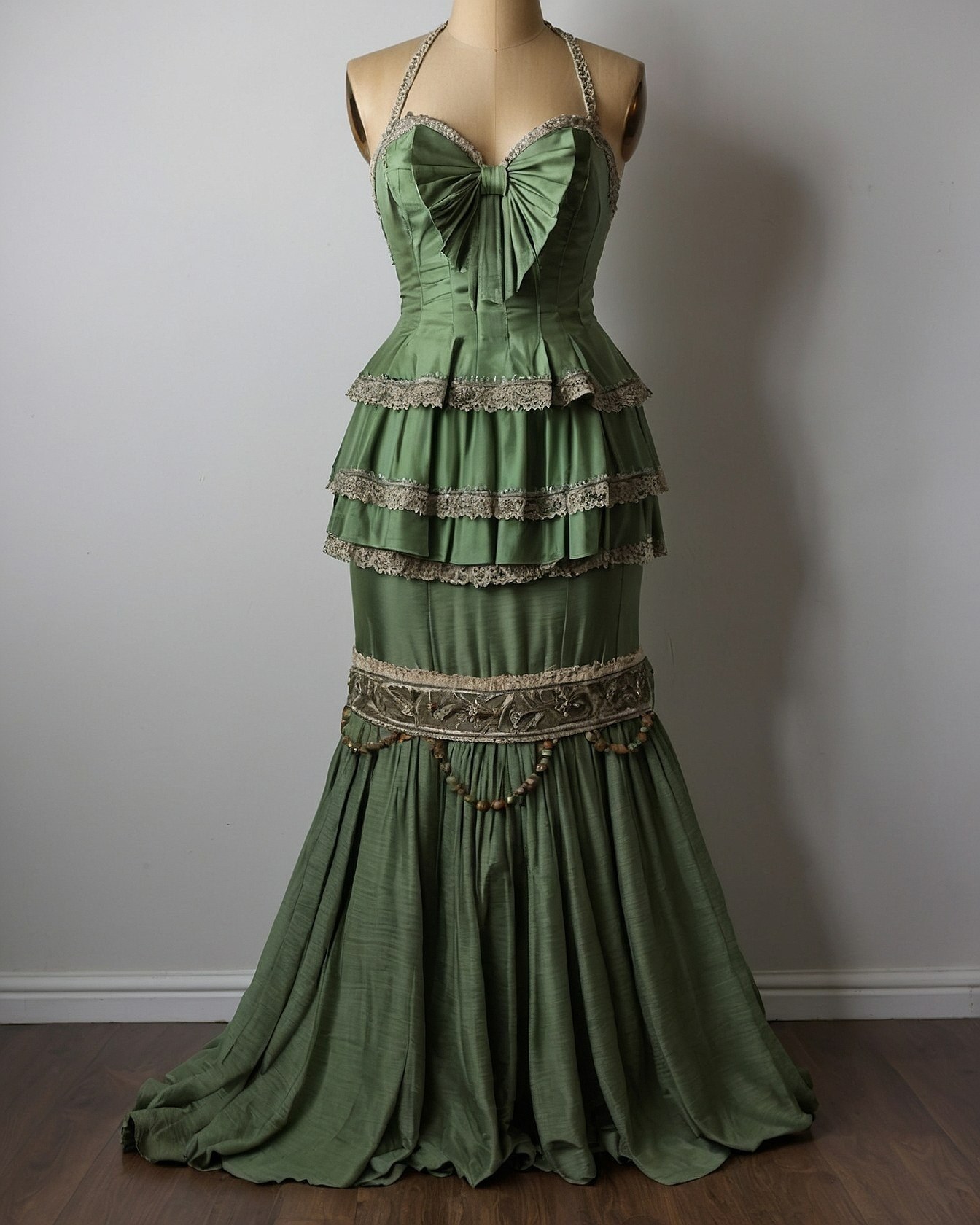 Structured Bodice Meets Flowing Skirt in Olive