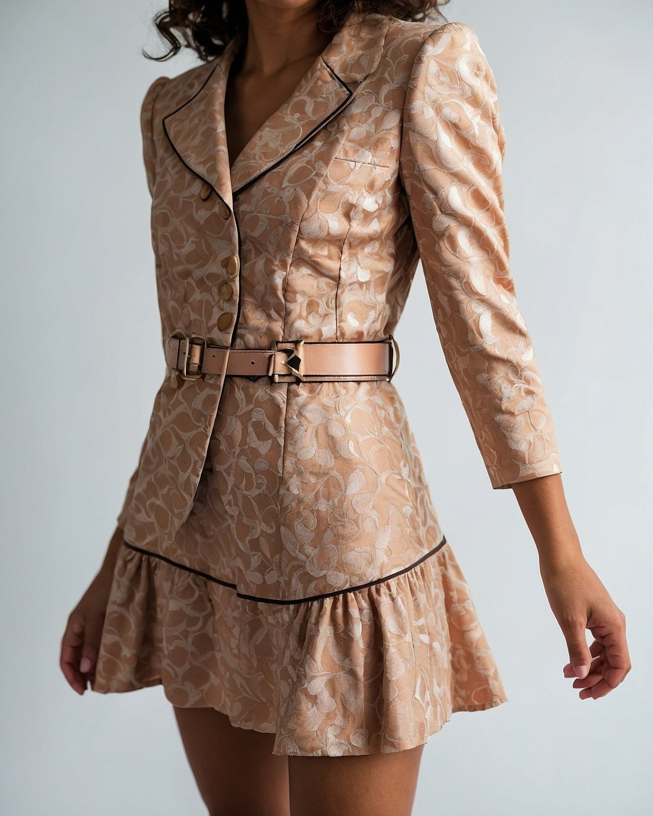 Tailored Jacquard Meets Flirty Ruffle Hem