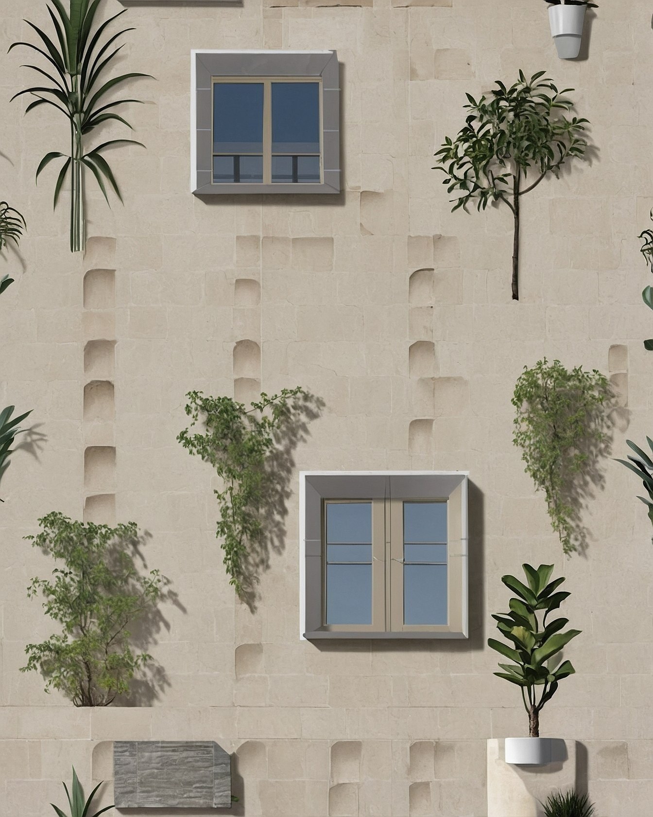 Juxtaposition of Geometric Windows and Organic Flora