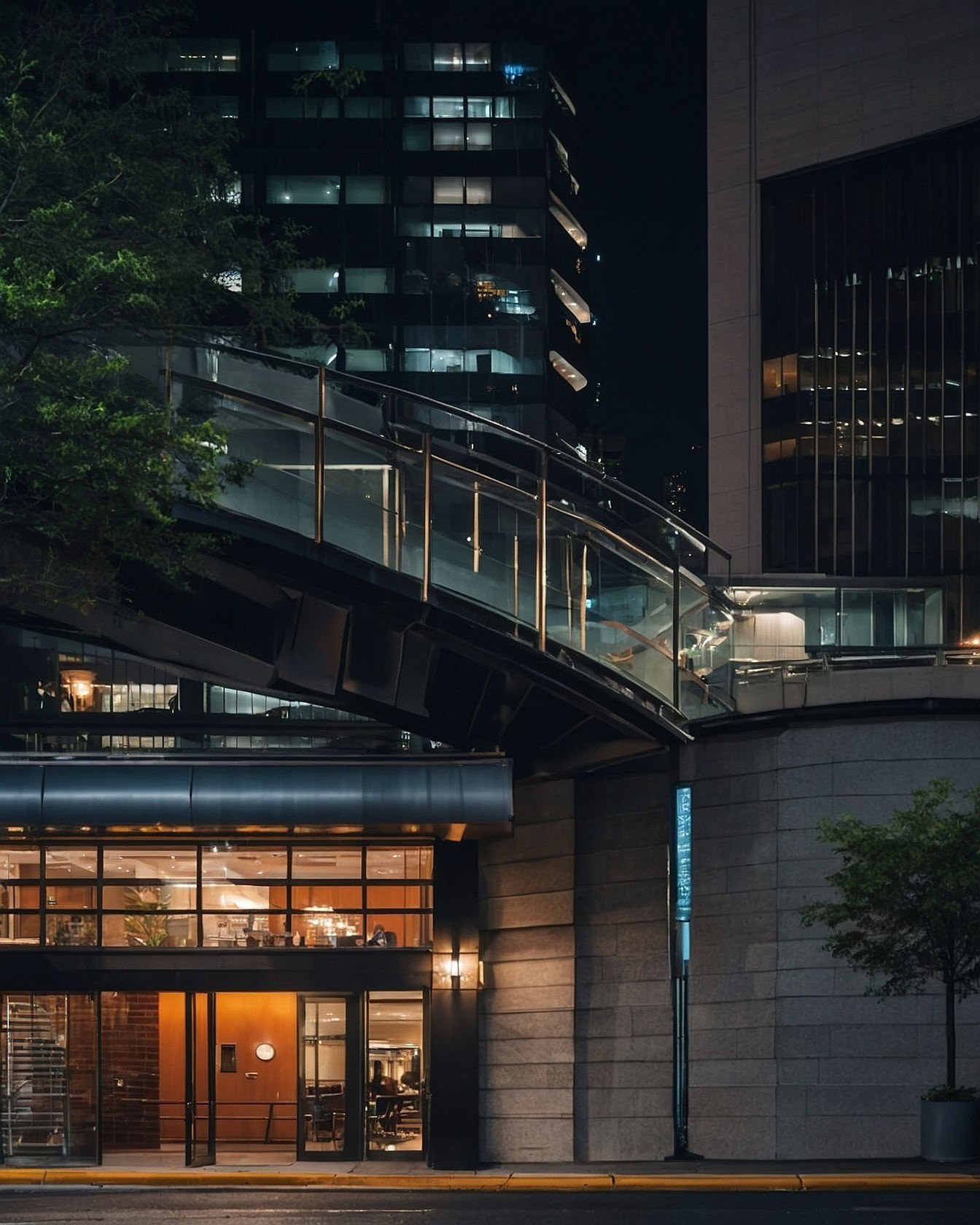 Modern Overpass Meets Urban Jungle at Night