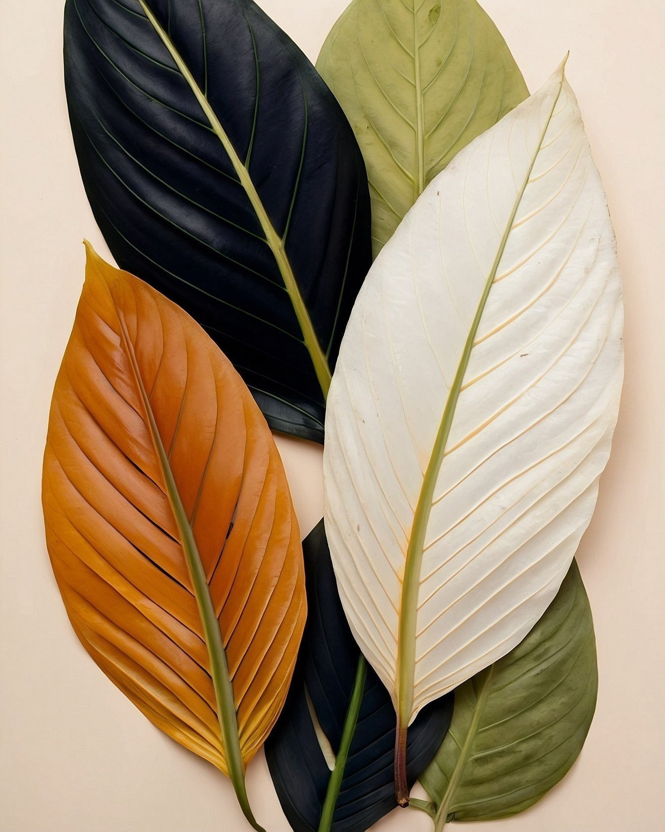 Juxtaposed Textures and Bold Hues in a Leaf Arrangement