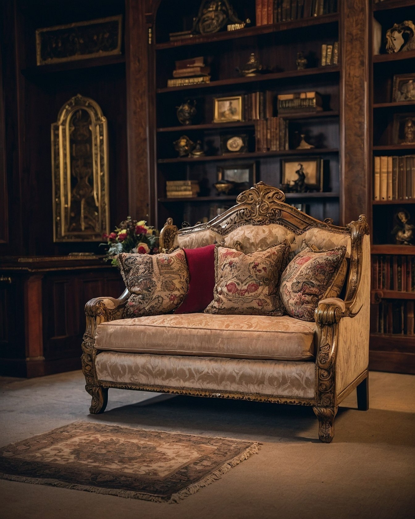 Ornate Sofa Meets Dense Book Collection