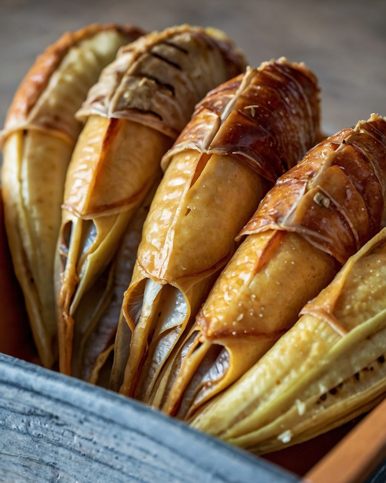 A Rustic Tray Holding Savory Rolled Delicacies