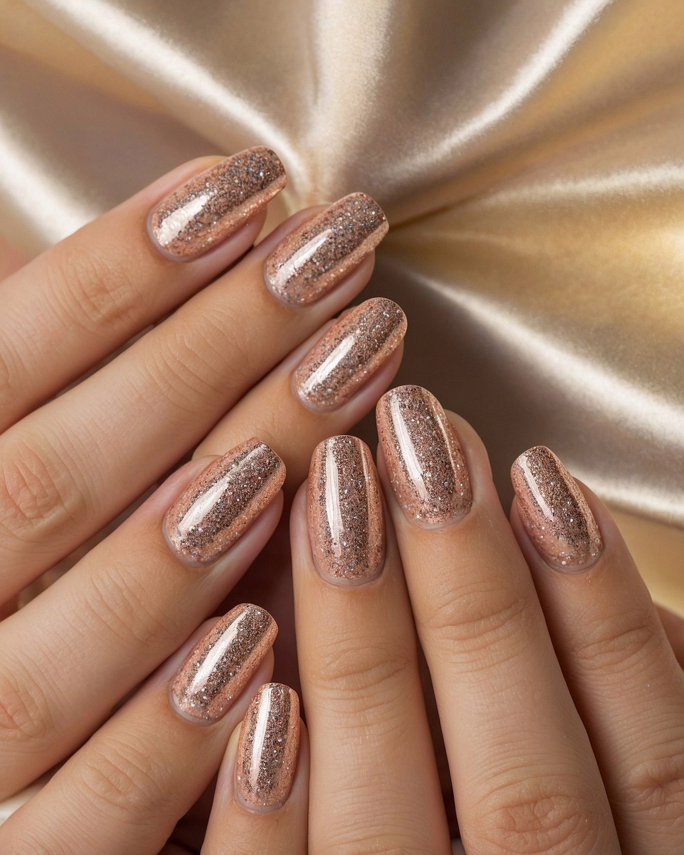 Rose Gold Glitter Oval Nails on Satin