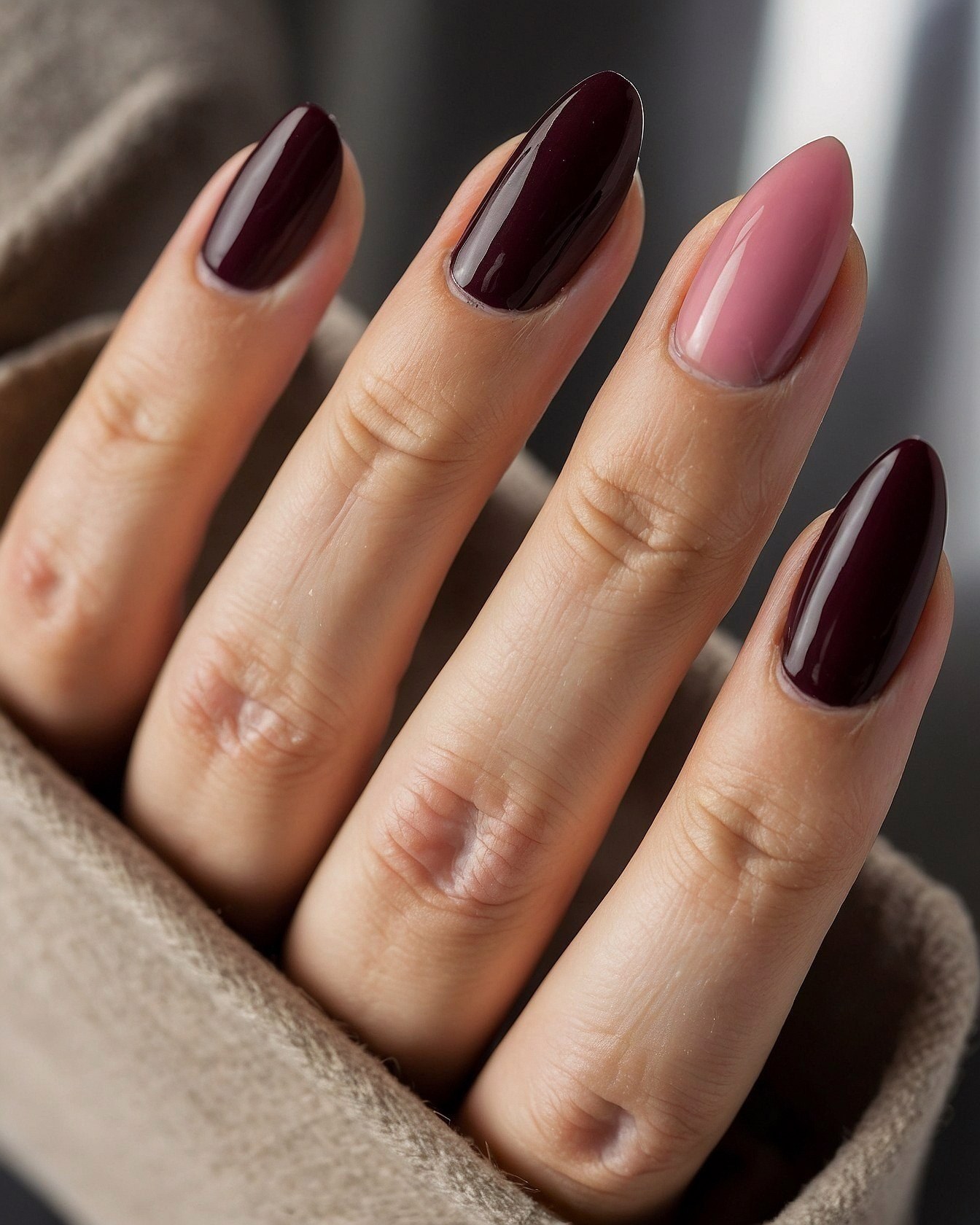 Dark Cherry and Soft Rose Almond Nails