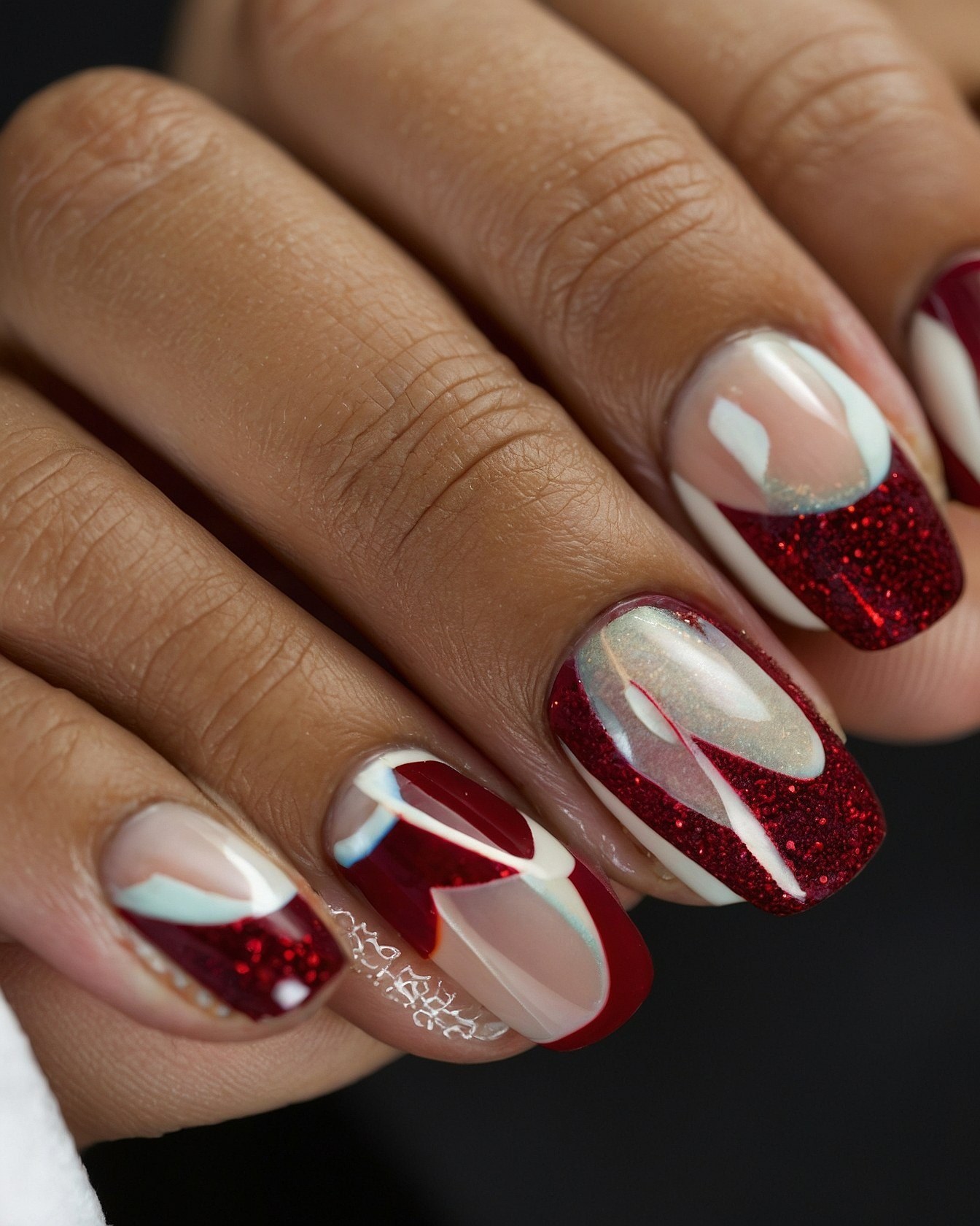 Bold Crimson and White Swirls with Subtle Sheen