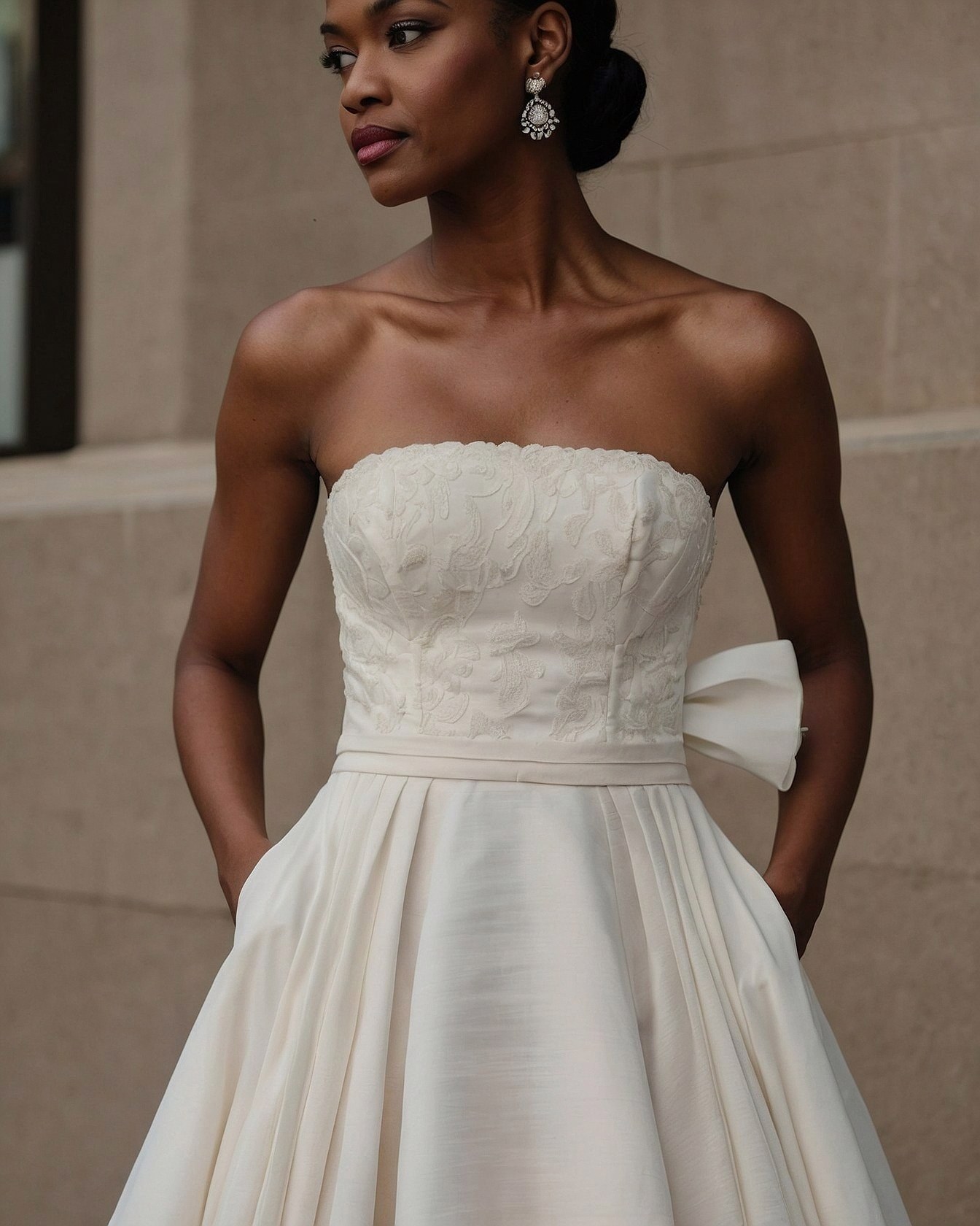 Structured Bodice Meets Flowing Skirt with Side Pockets