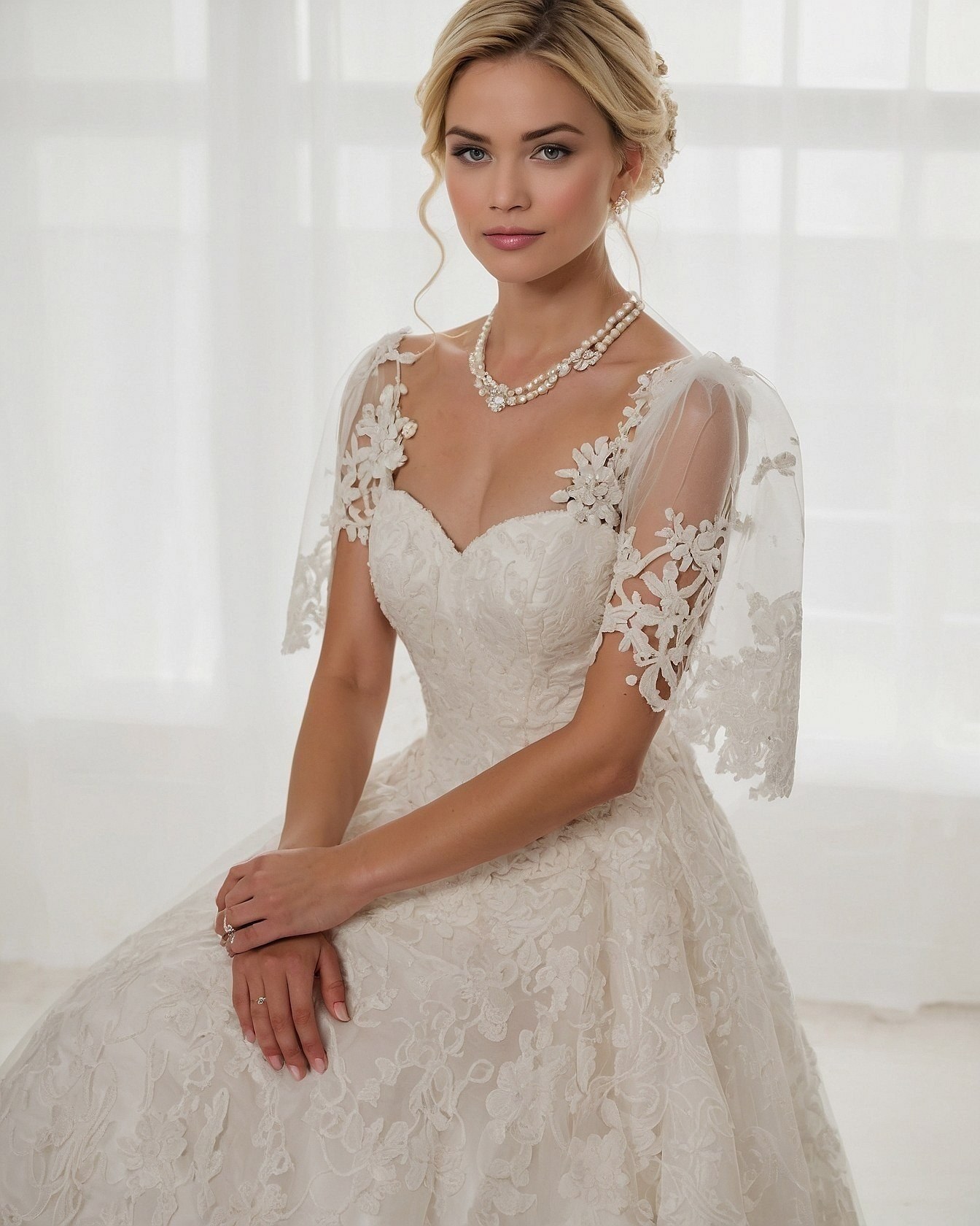 Bridal Elegance: Lace and Pearls Against Soft Light