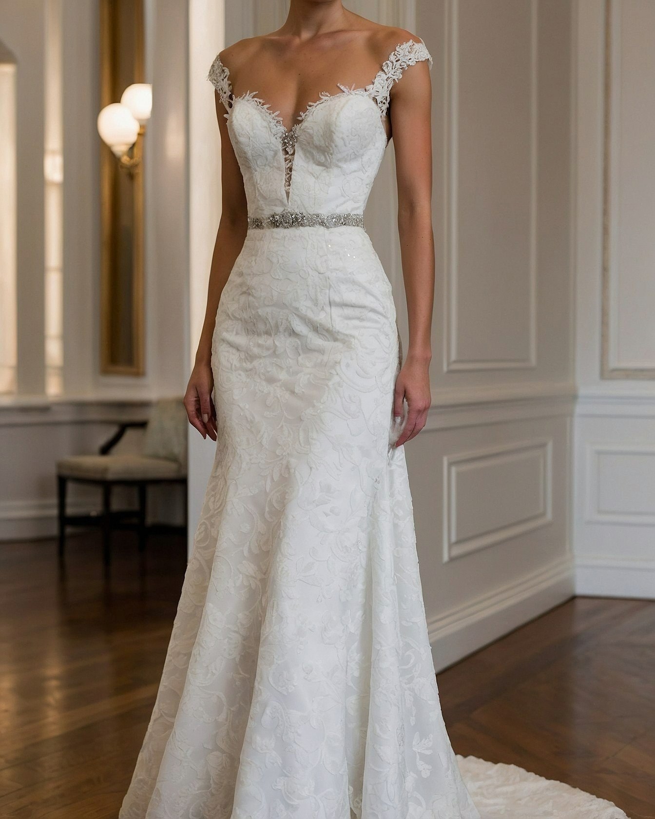 Lace Gown with Structured Bodice and Flowing Skirt