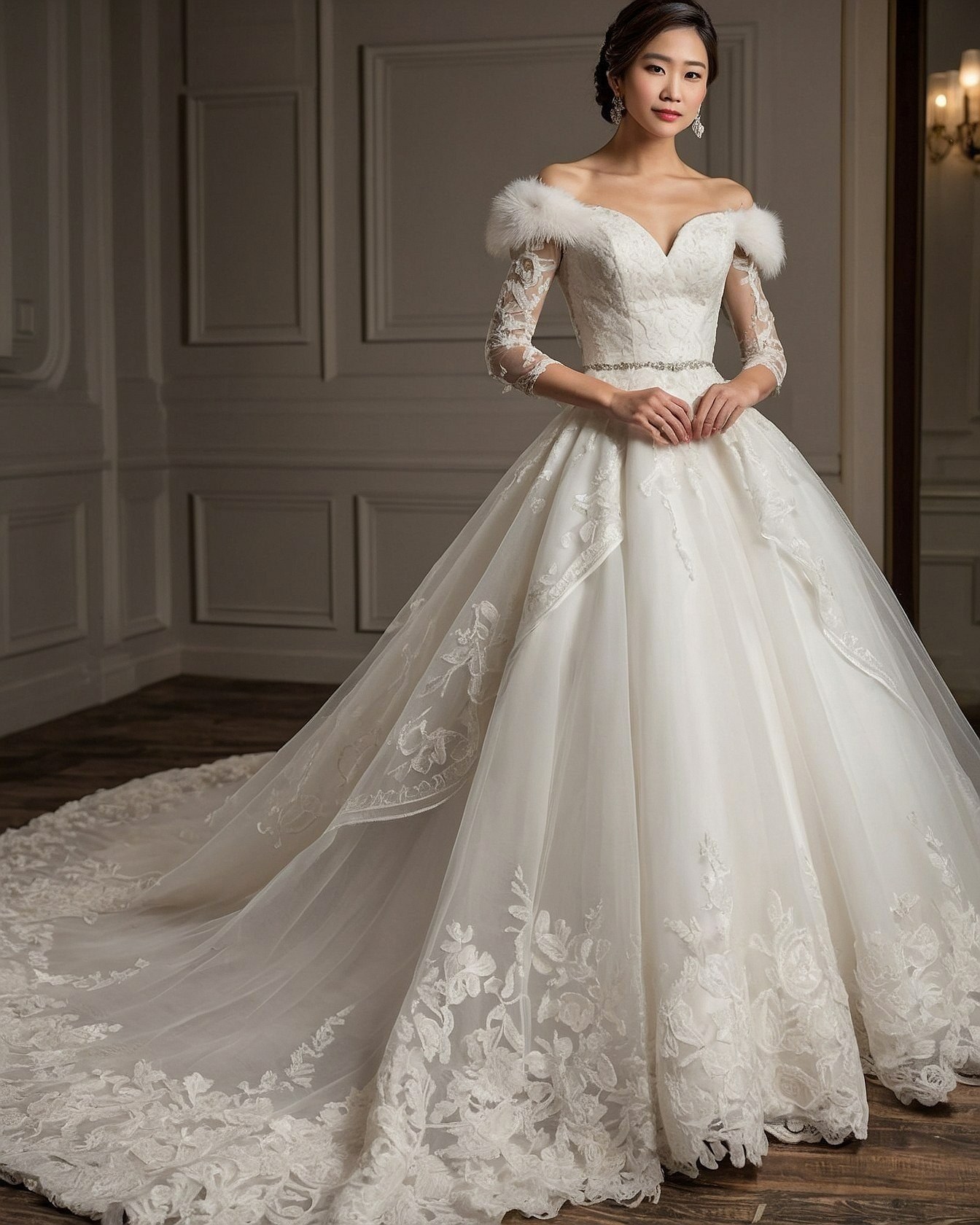 A Dramatic Contrast of Soft Fur and Intricate Lace
